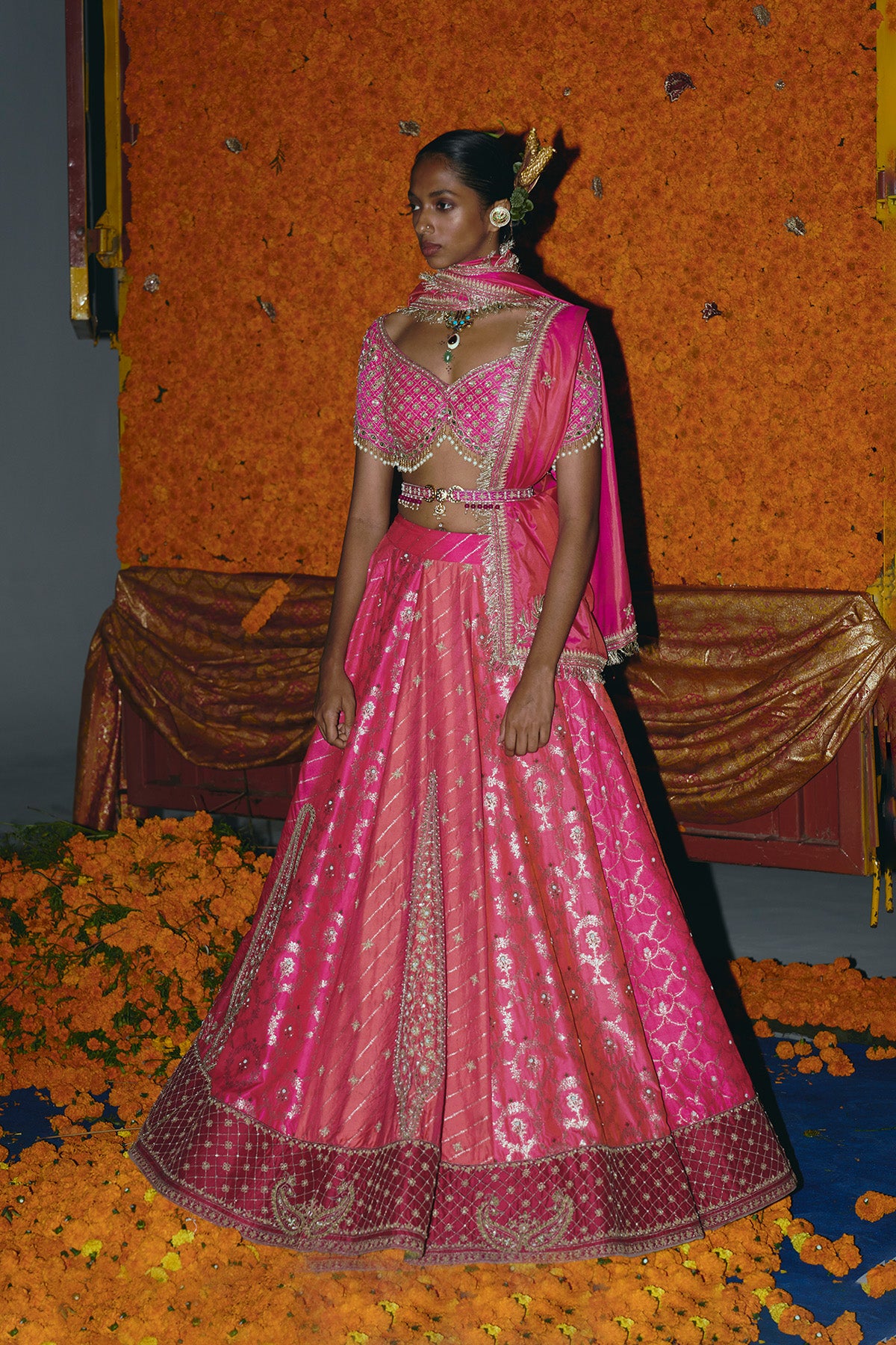 Panelled Hot Pink and Peach Silk Banarsi Lehenga Set