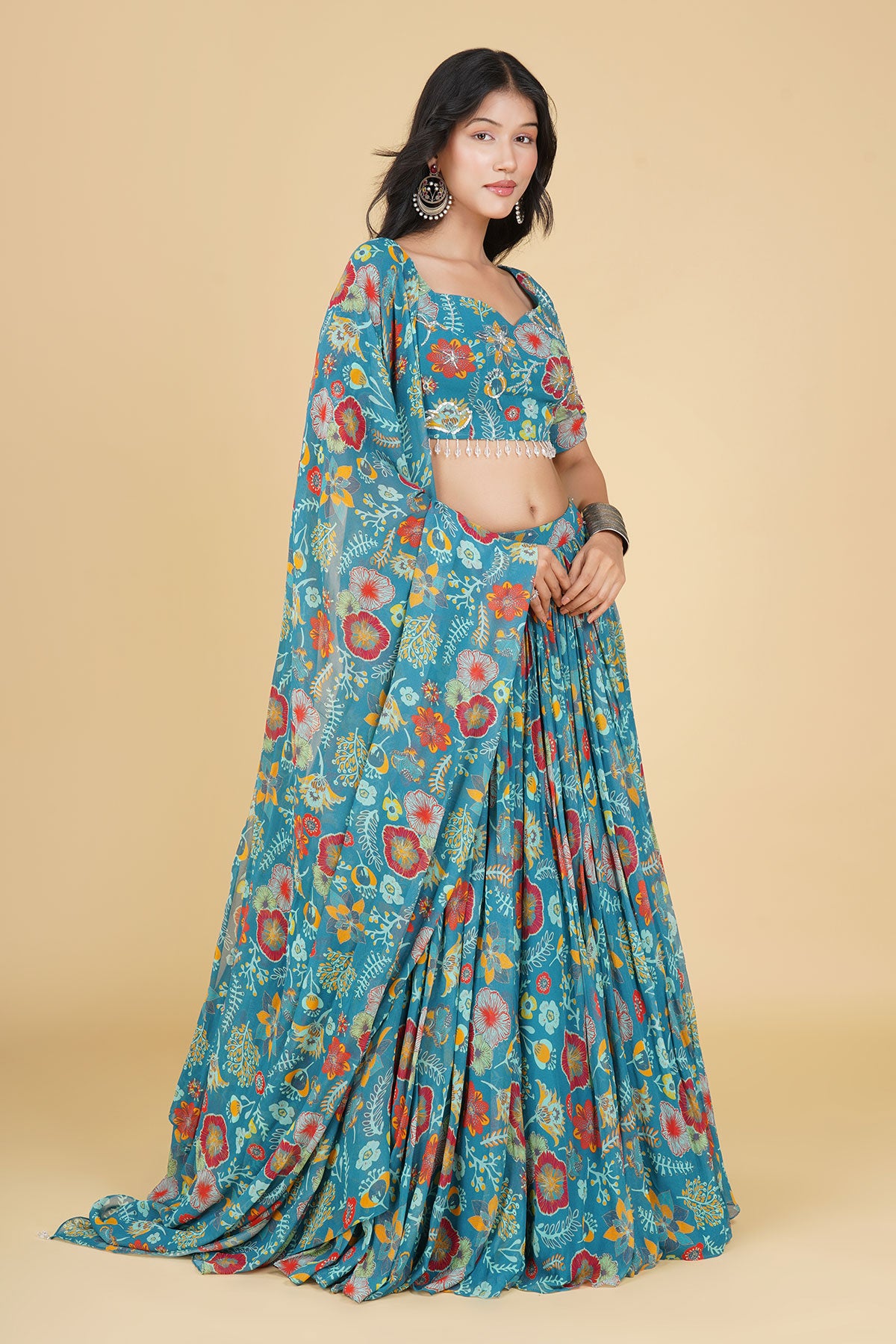 TEAL JAAL HIGHLIGHTED AND PRINTED LEHENGA SET
