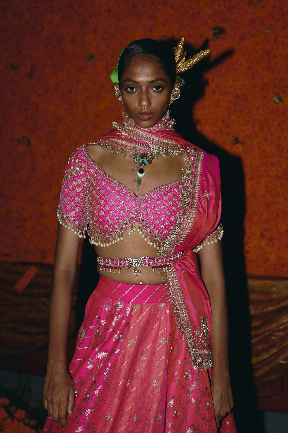Panelled Hot Pink and Peach Silk Banarsi Lehenga Set