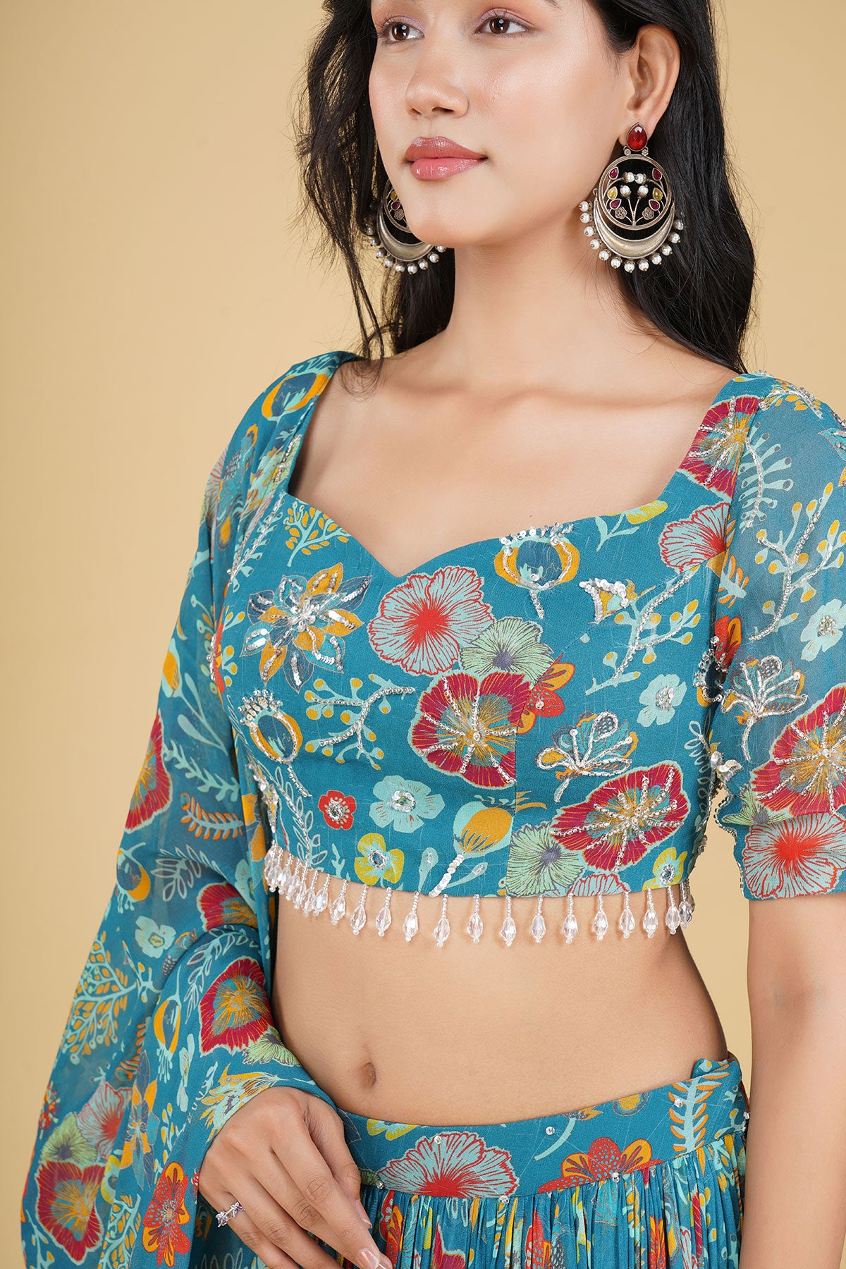 TEAL JAAL HIGHLIGHTED AND PRINTED LEHENGA SET