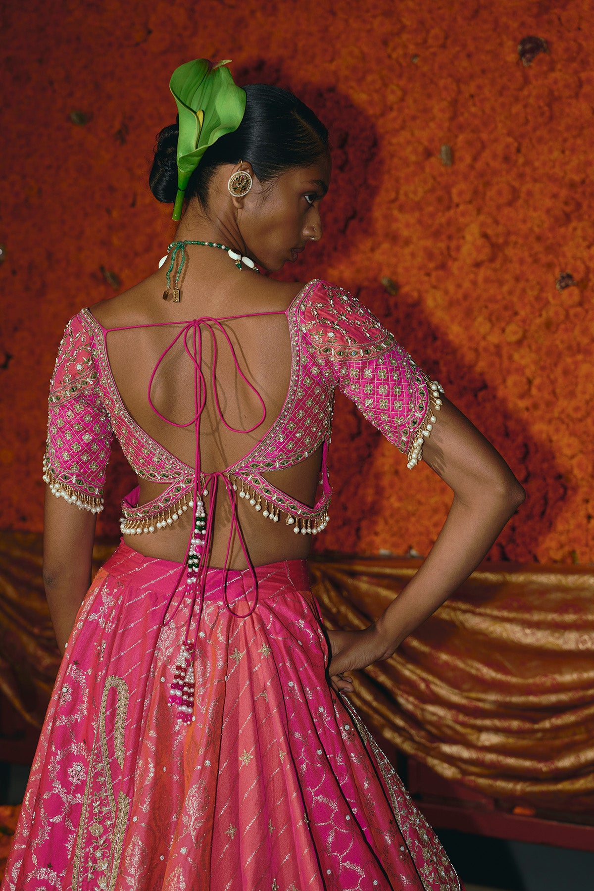 Panelled Hot Pink and Peach Silk Banarsi Lehenga Set
