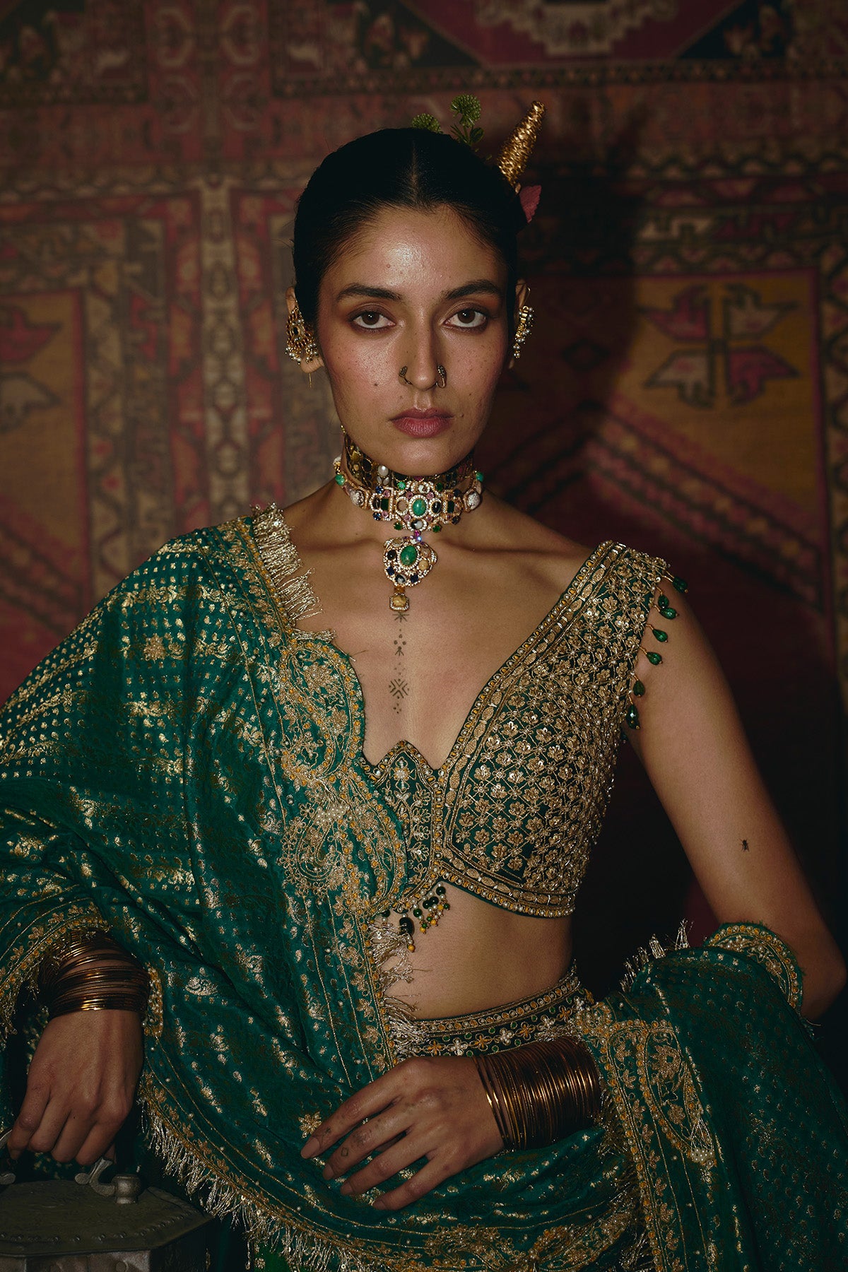 Green and Teal Silk Banarsi Lehenga Set
