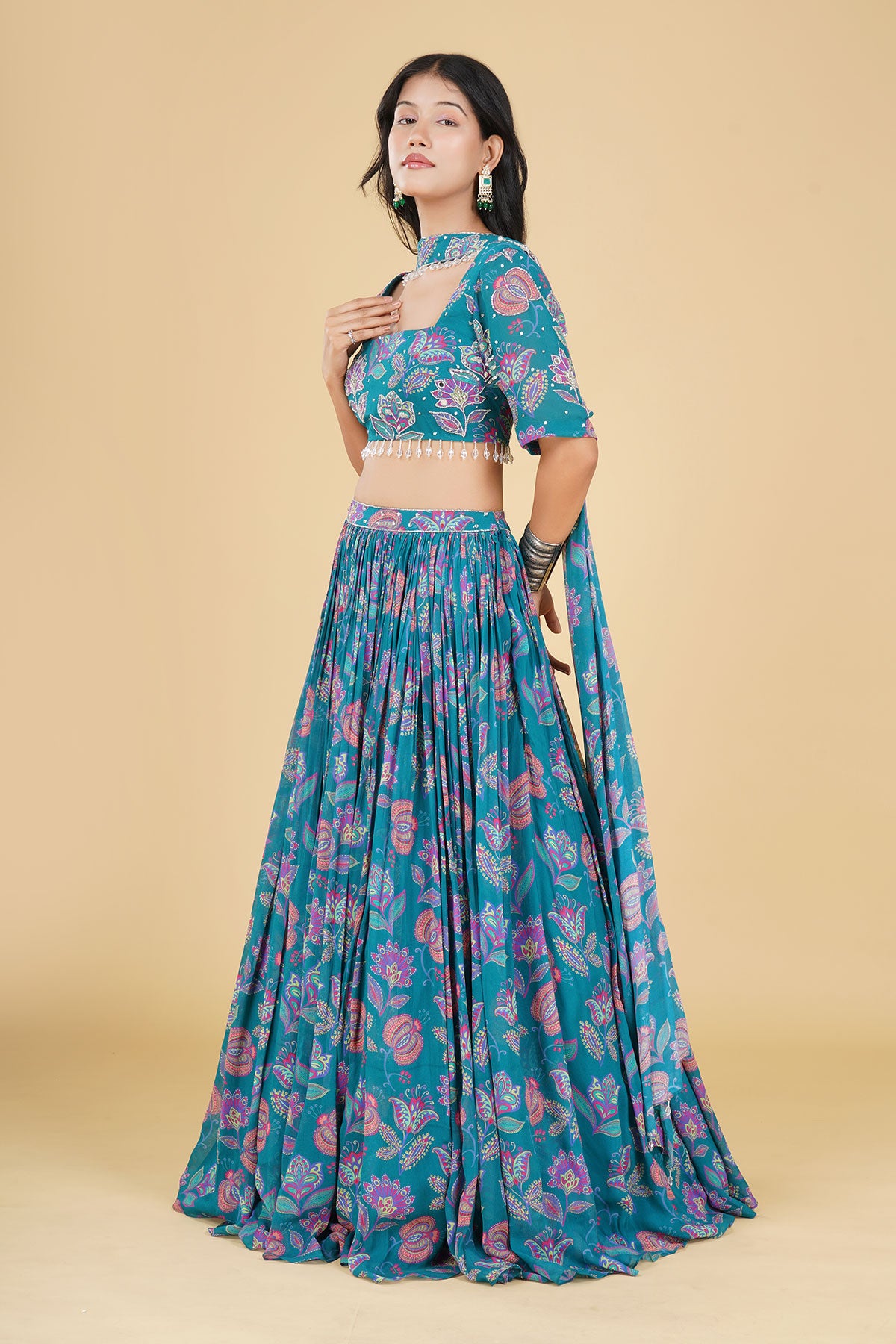 TEAL JAAL HIGHLIGHTED AND PRINTED LEHENGA SET