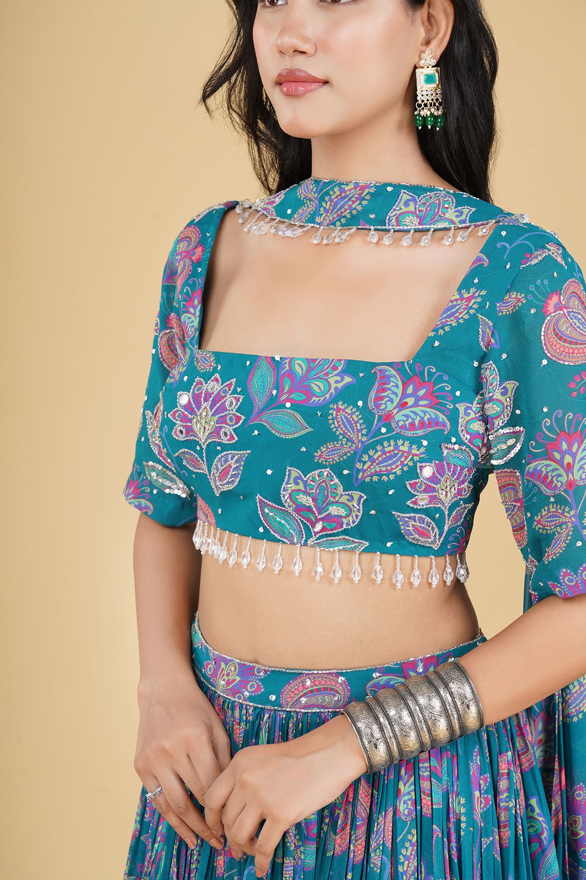 TEAL JAAL HIGHLIGHTED AND PRINTED LEHENGA SET