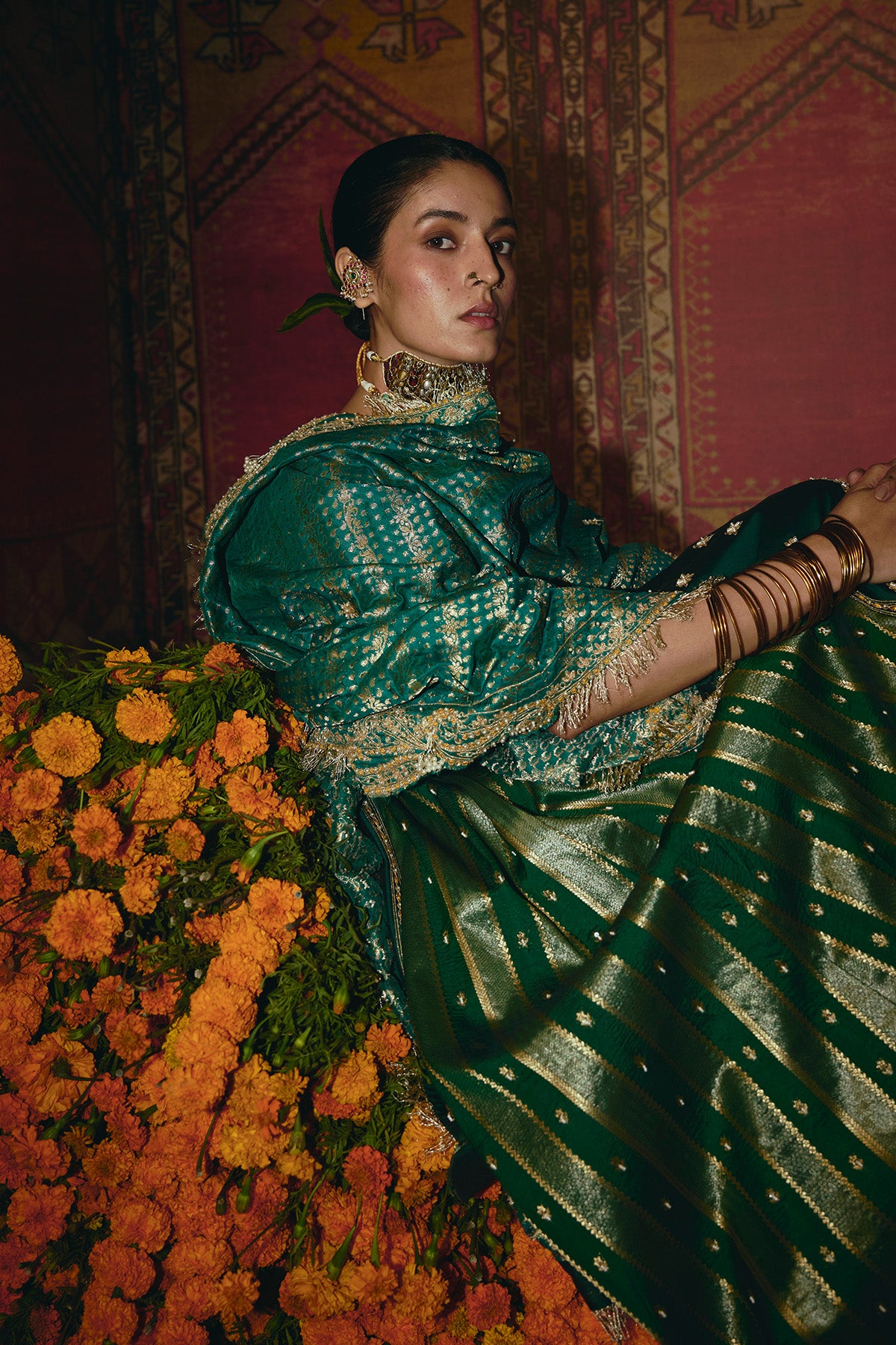 Green and Teal Silk Banarsi Lehenga Set