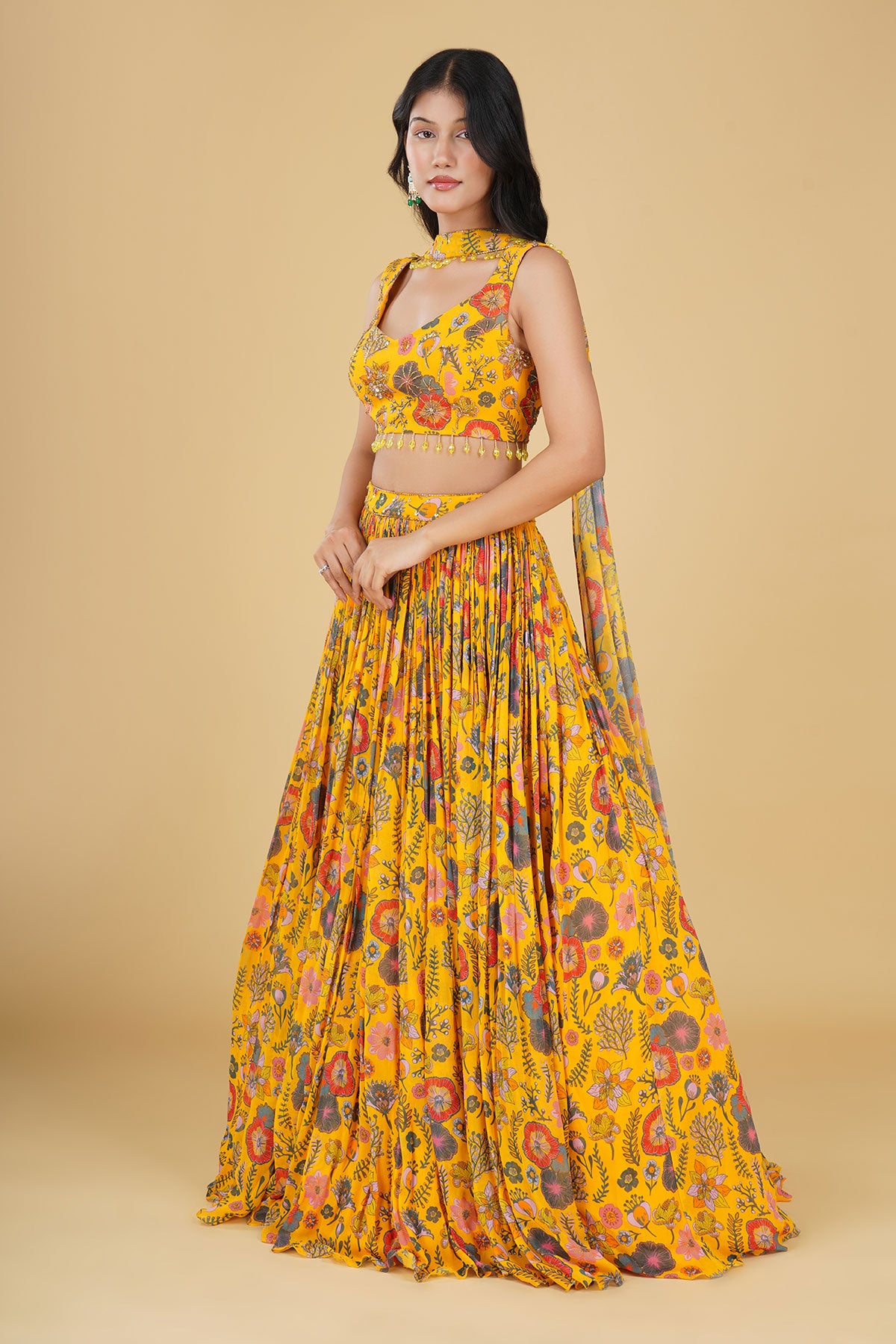 YELLOW JAAL HIGHLIGHTED AND PRINTED LEHENGA SET