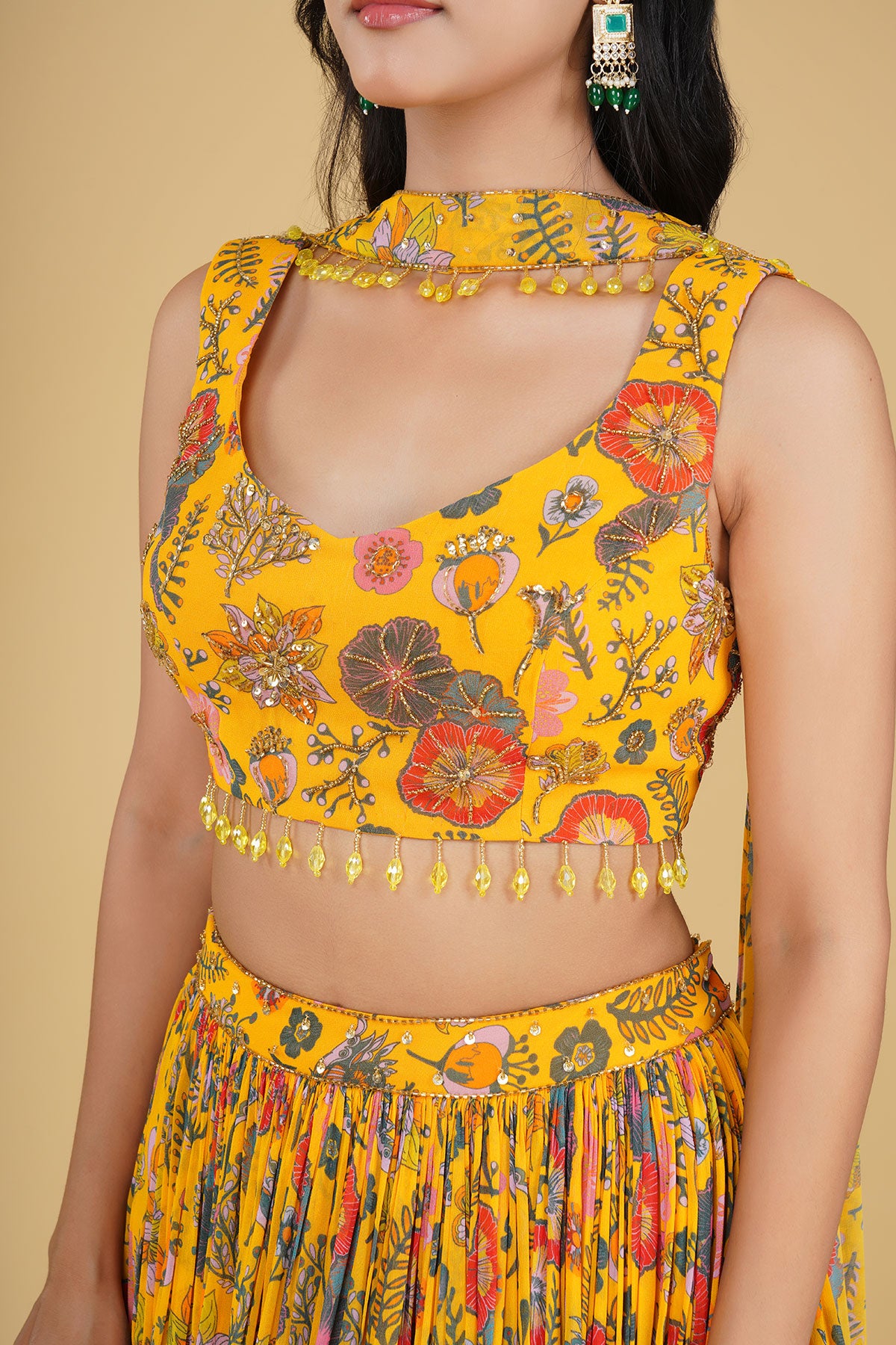 YELLOW JAAL HIGHLIGHTED AND PRINTED LEHENGA SET
