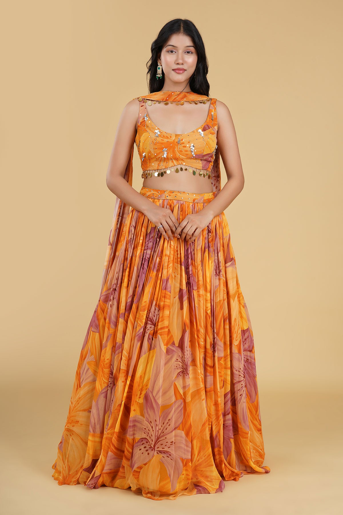 ORANGE JAAL HIGHLIGHTED AND PRINTED LEHENGA SET