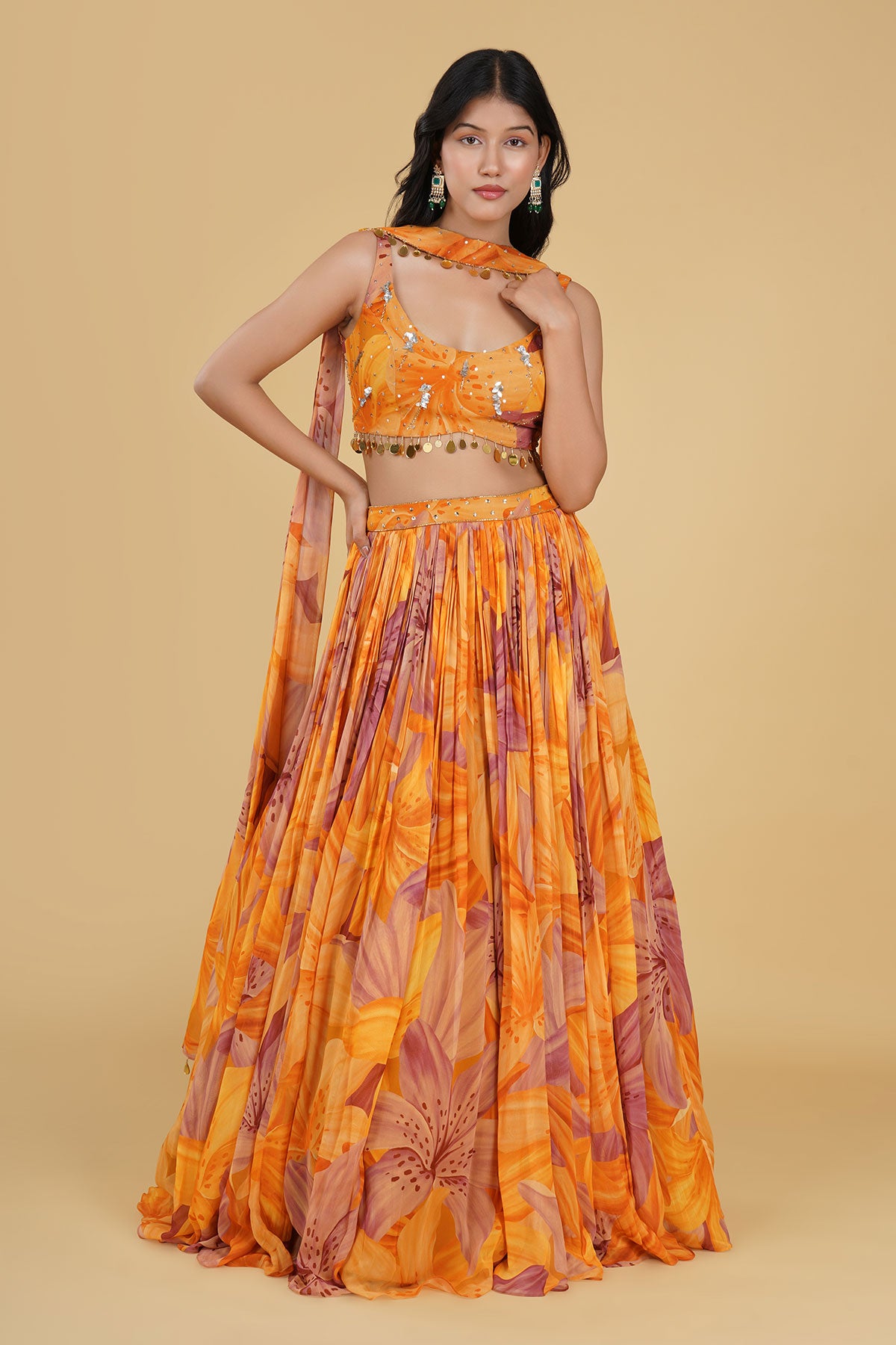 ORANGE JAAL HIGHLIGHTED AND PRINTED LEHENGA SET