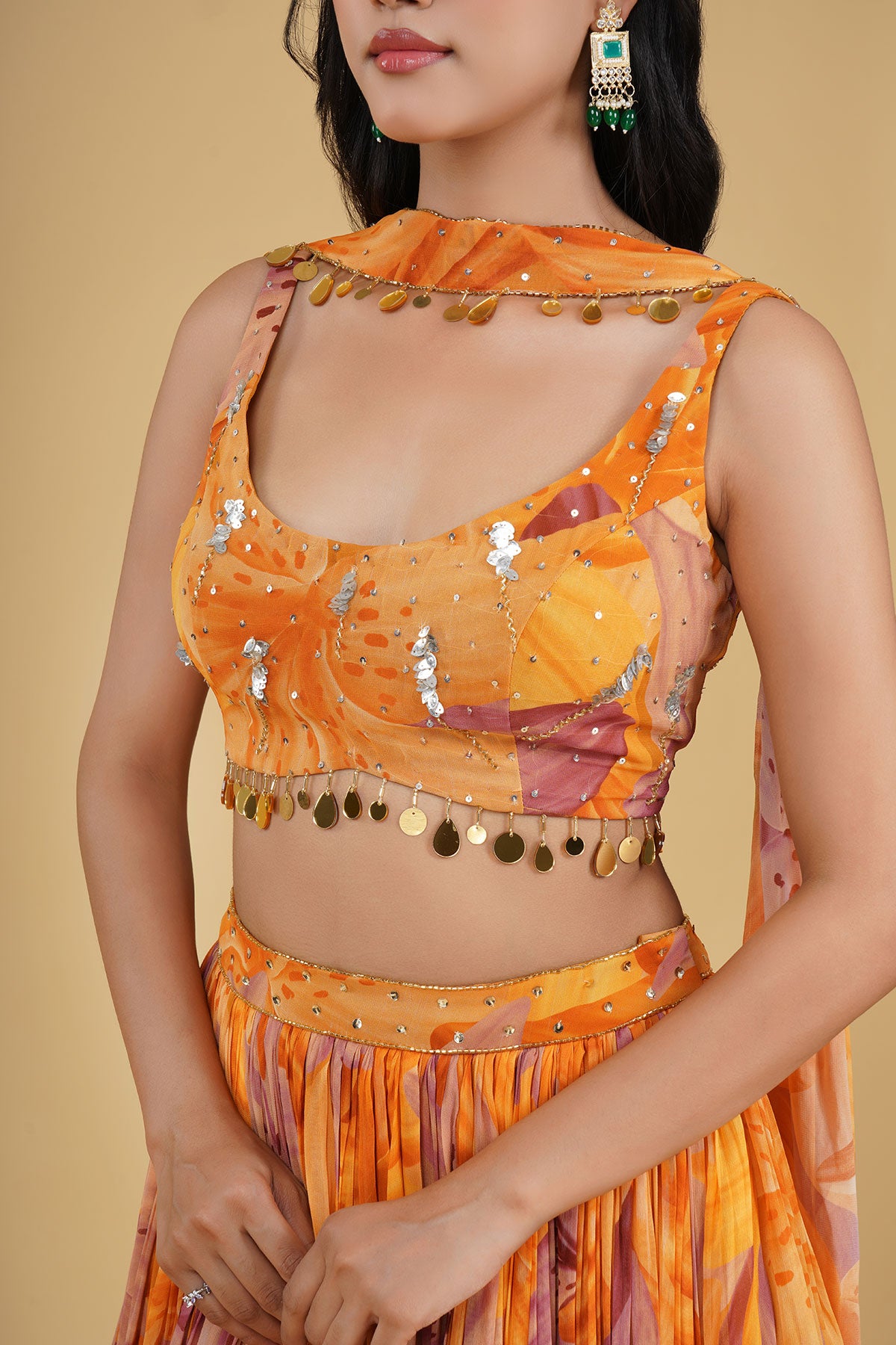 ORANGE JAAL HIGHLIGHTED AND PRINTED LEHENGA SET
