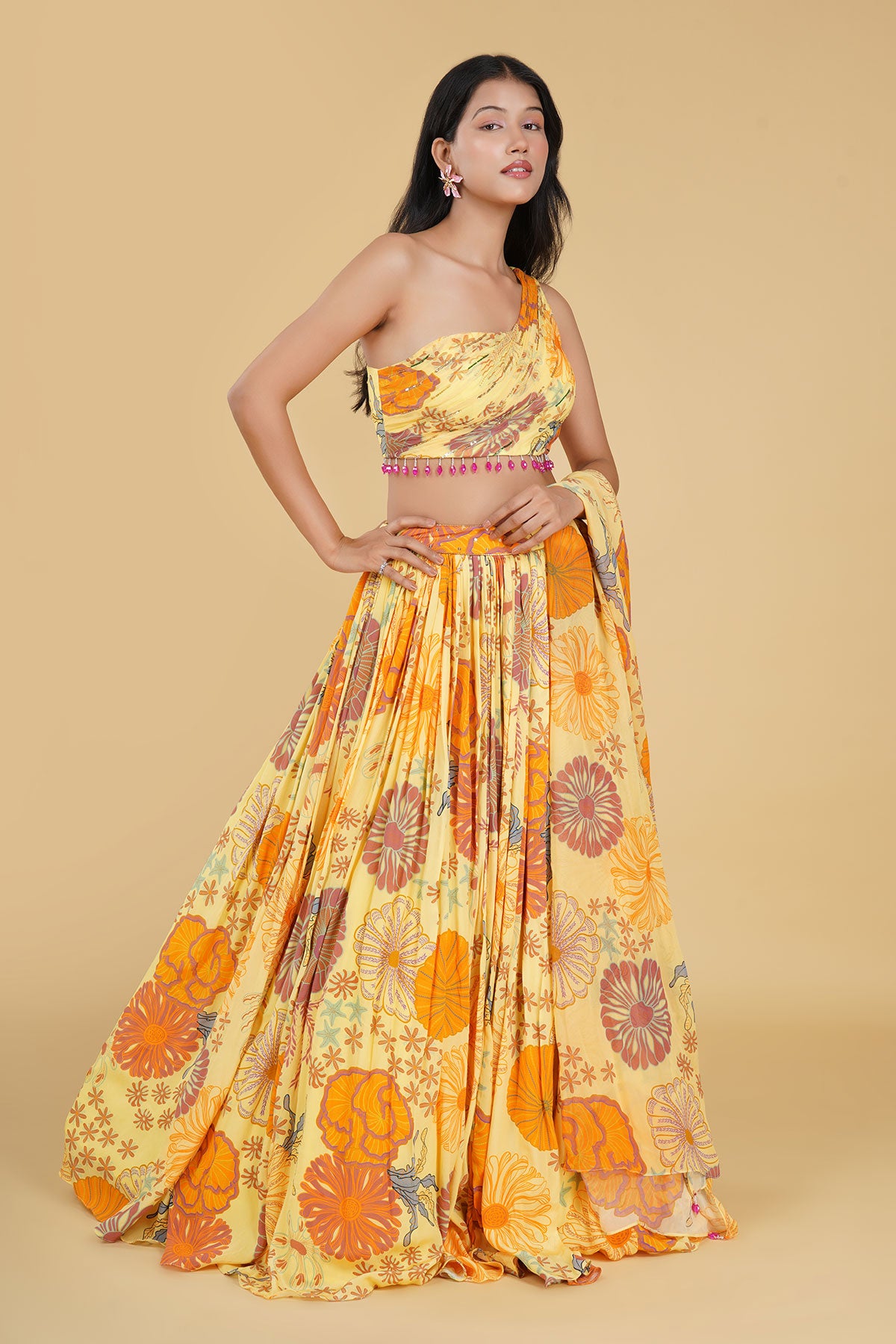 YELLOW HIGHLIGHTED JAAL AND PRINTED LEHENGA SET