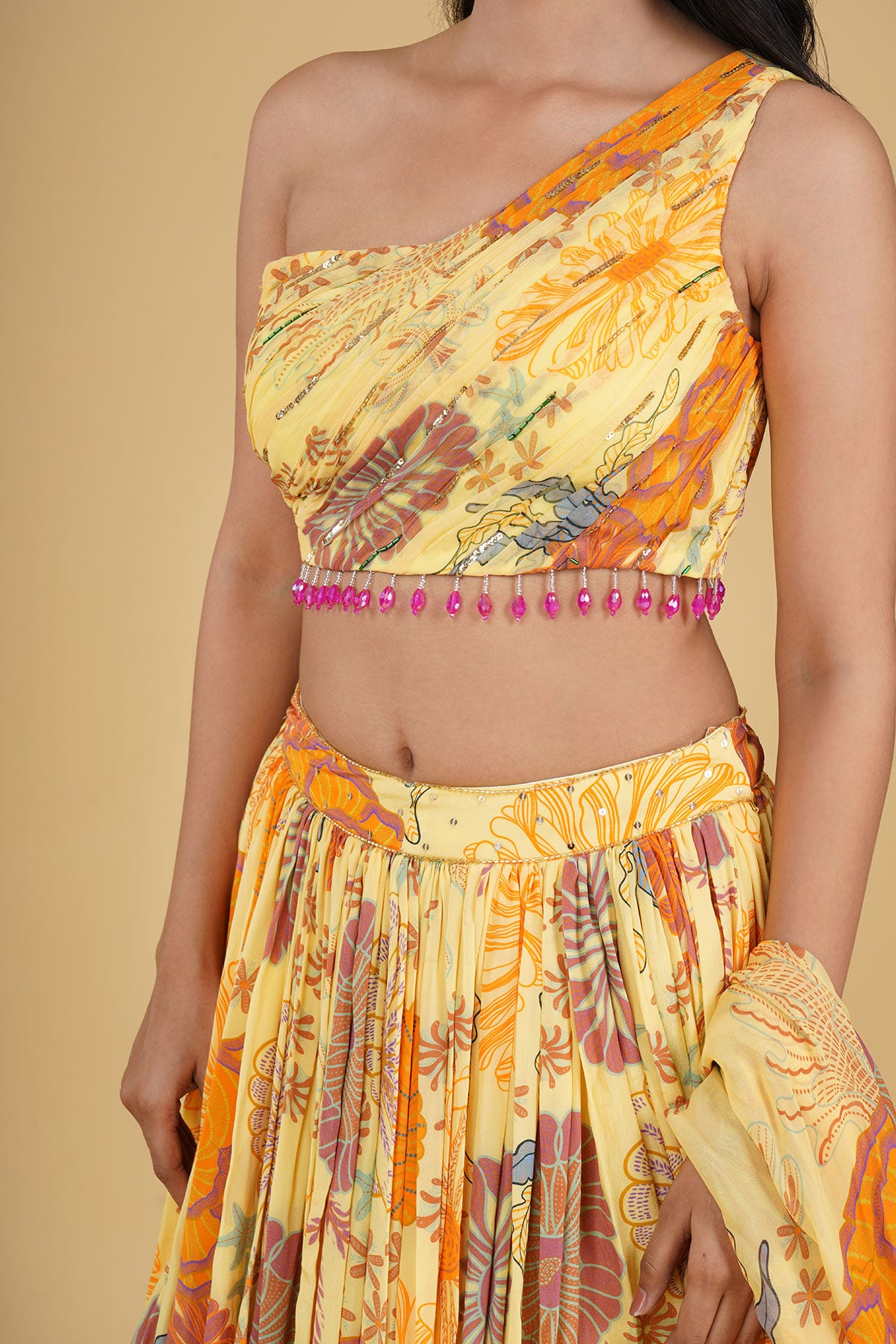 YELLOW HIGHLIGHTED JAAL AND PRINTED LEHENGA SET