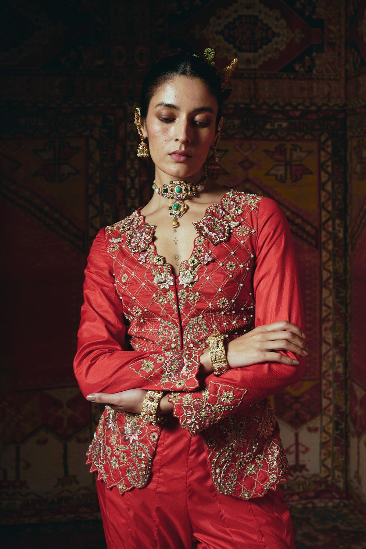 Red Jacket and Sharara Set