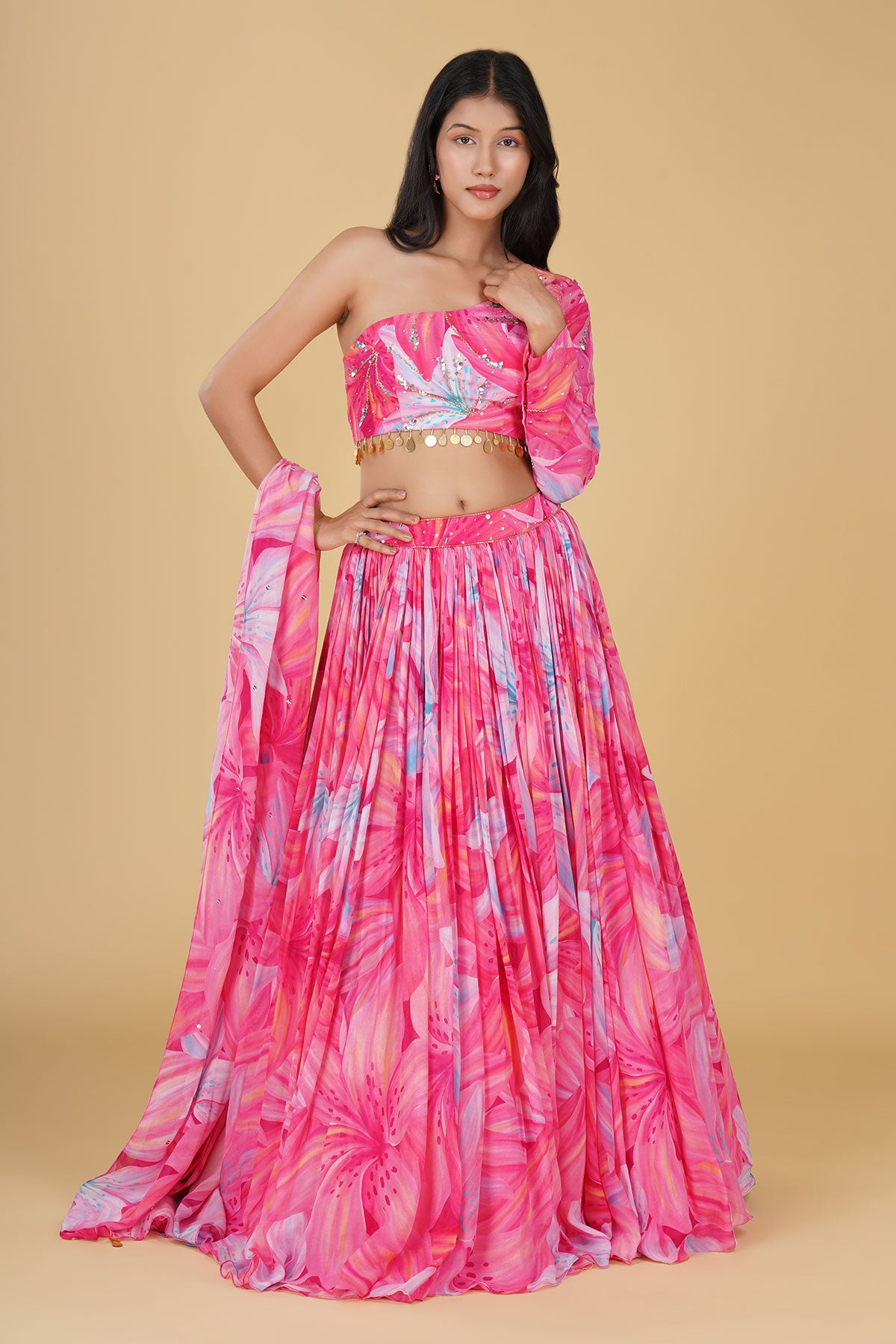 PINK JAAL HIGHLIGHTED AND PRINTED LEHENGA SET