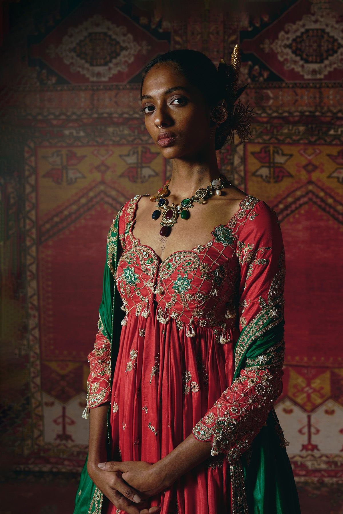 Red Open Jacket Anarkali Set