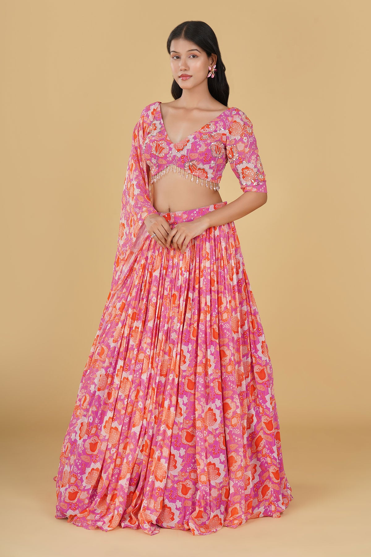 PINK JAAL HIGHLIGHTED AND PRINTED LEHENGA SET