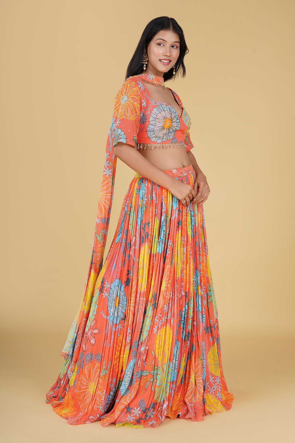 PEACH JAAL HIGHLIGHTED AND PRINTED LEHENGA SET