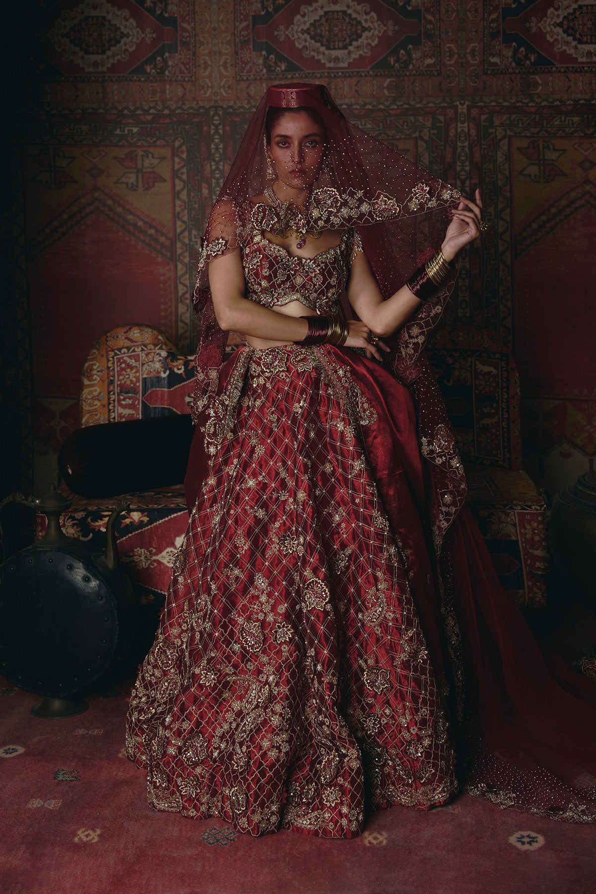 Maroon 3D Flower Lehenga Set