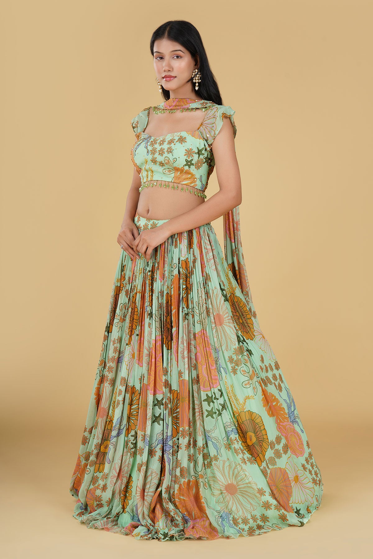 MINT GREEN JAAL HIGHLIGHTED AND PRINTED LEHENGA SET