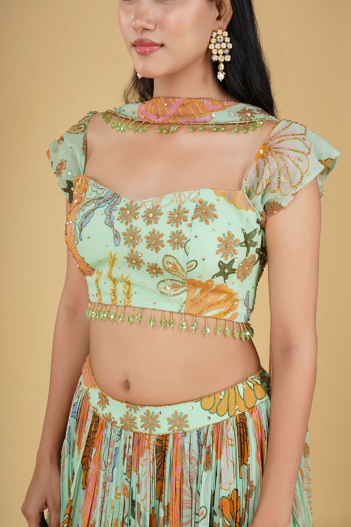 MINT GREEN JAAL HIGHLIGHTED AND PRINTED LEHENGA SET