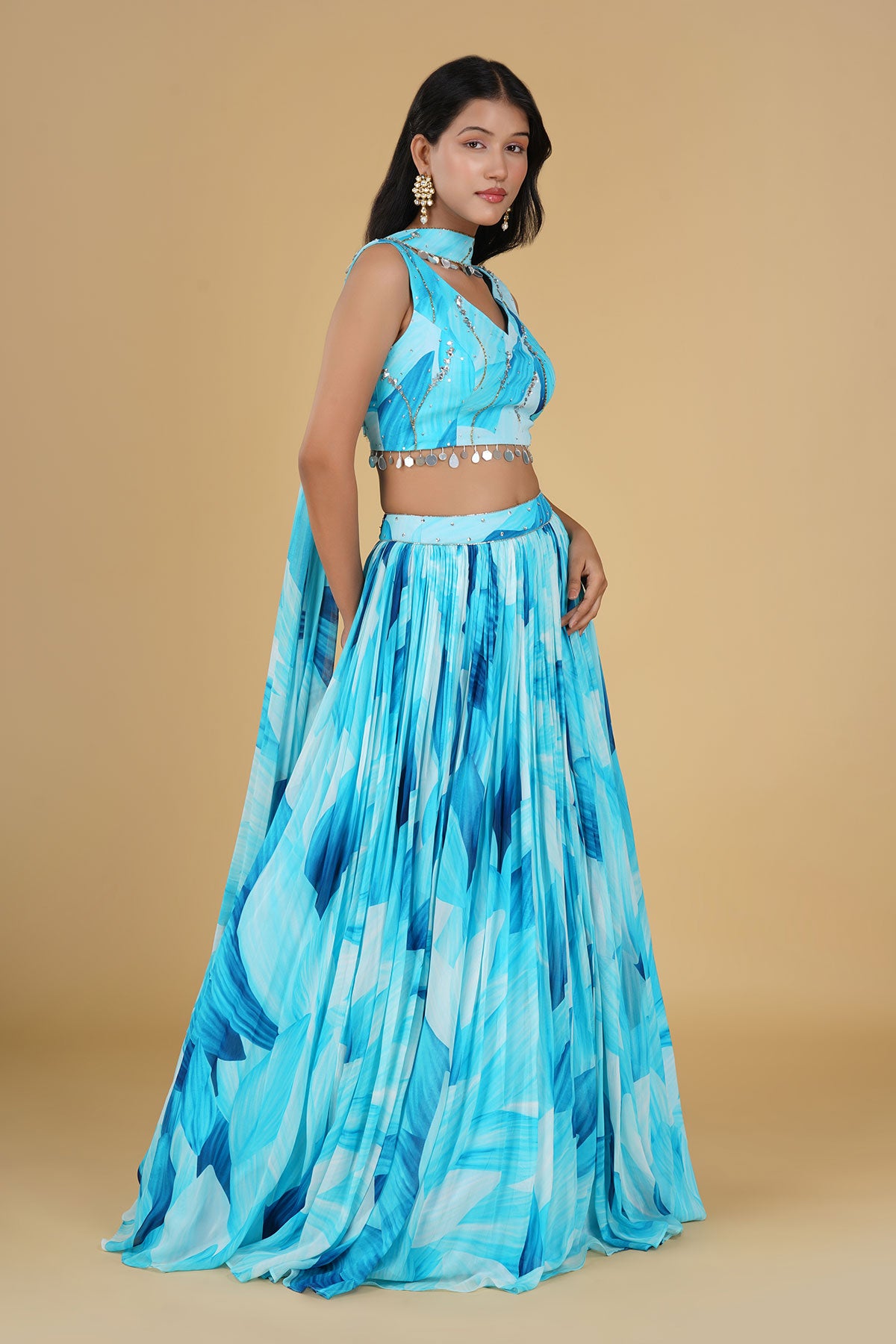 BLUE JAAL HIGHLIGHTED AND PRINTED LEHENGA SET