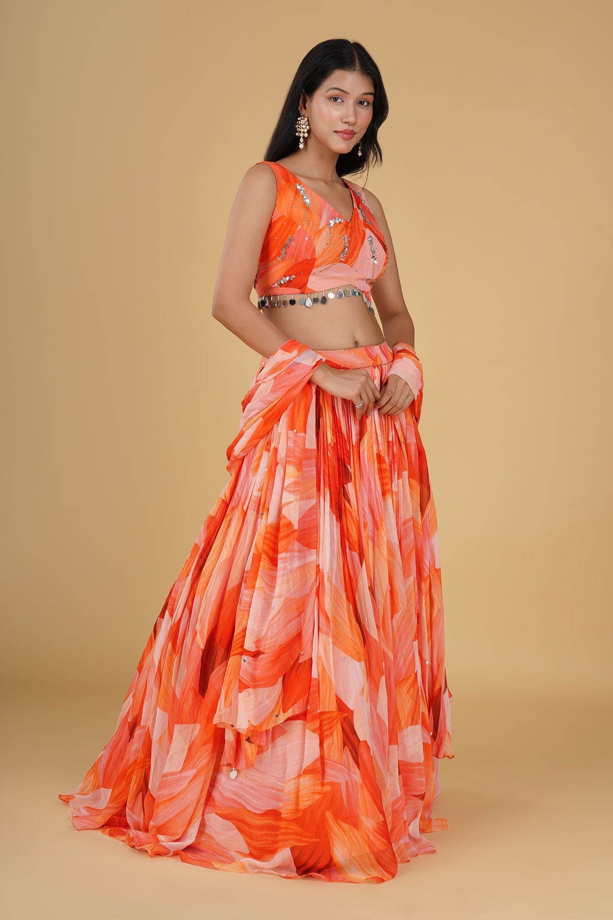 ORANGE JAAL HIGHLIGHTED AND PRINTED LEHENGA SET