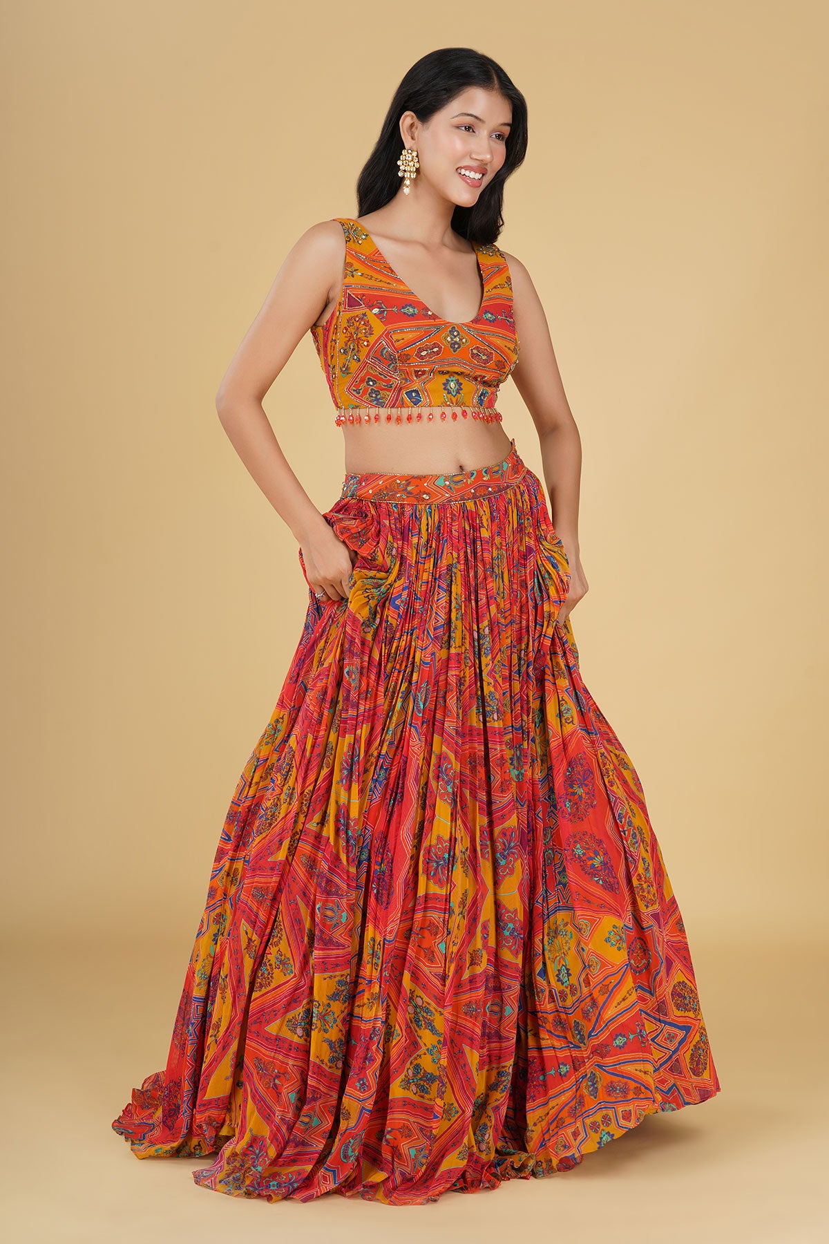 YELLOW CORAL JAAL HIGHLIGHTED AND PRINTED LEHENGA SET