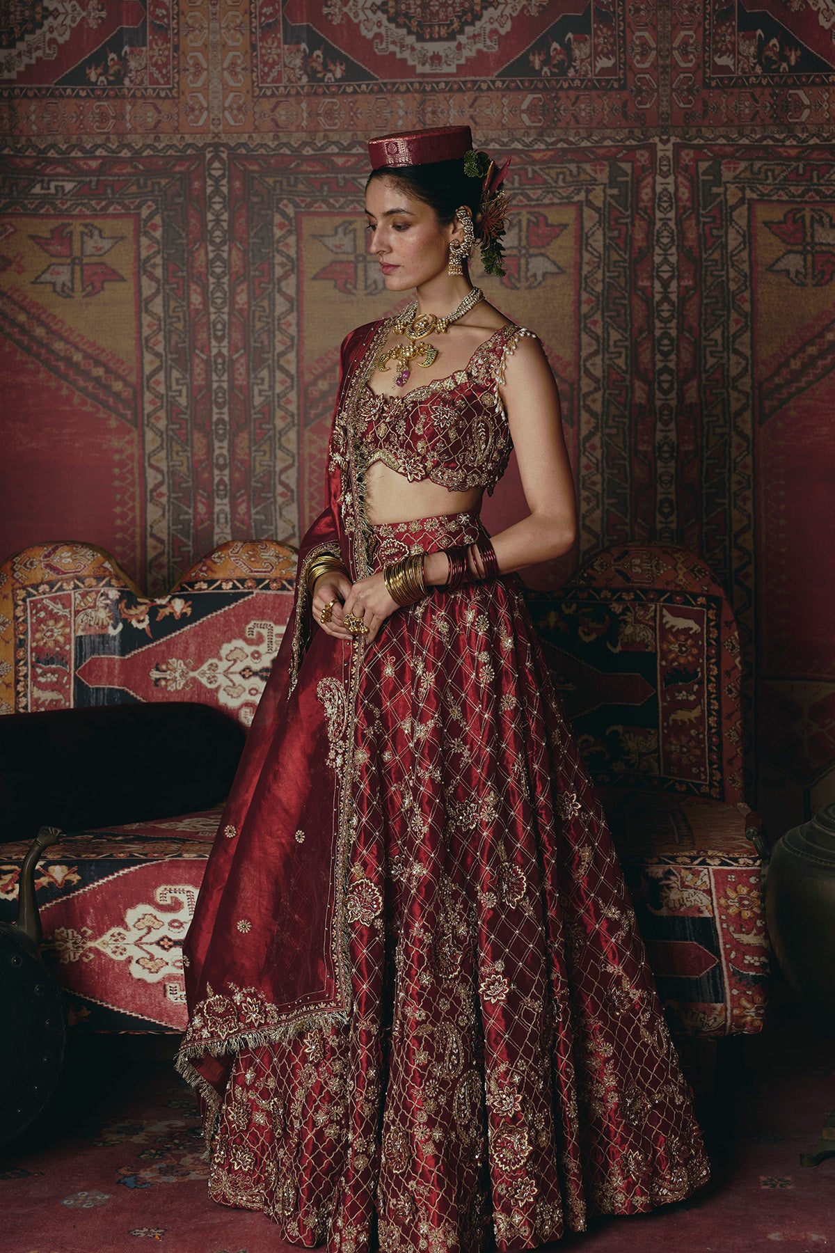 Maroon 3D Flower Lehenga Set