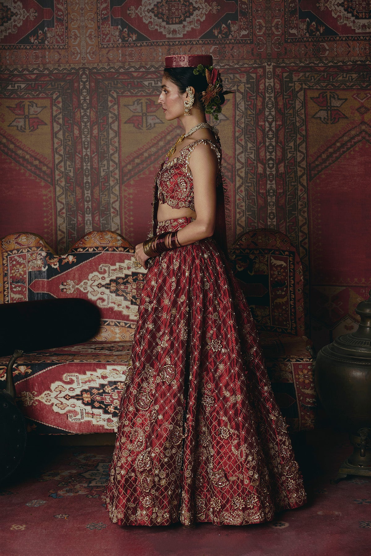 Maroon 3D Flower Lehenga Set