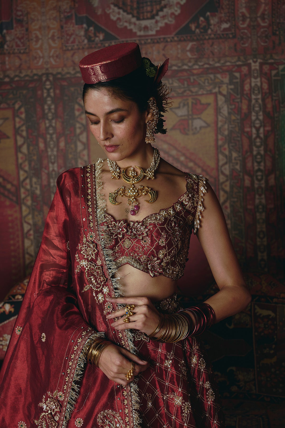 Maroon 3D Flower Lehenga Set