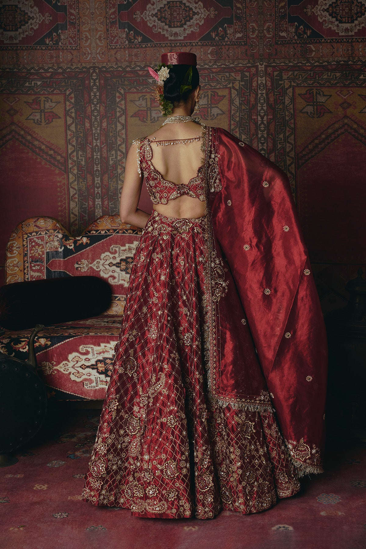 Maroon 3D Flower Lehenga Set