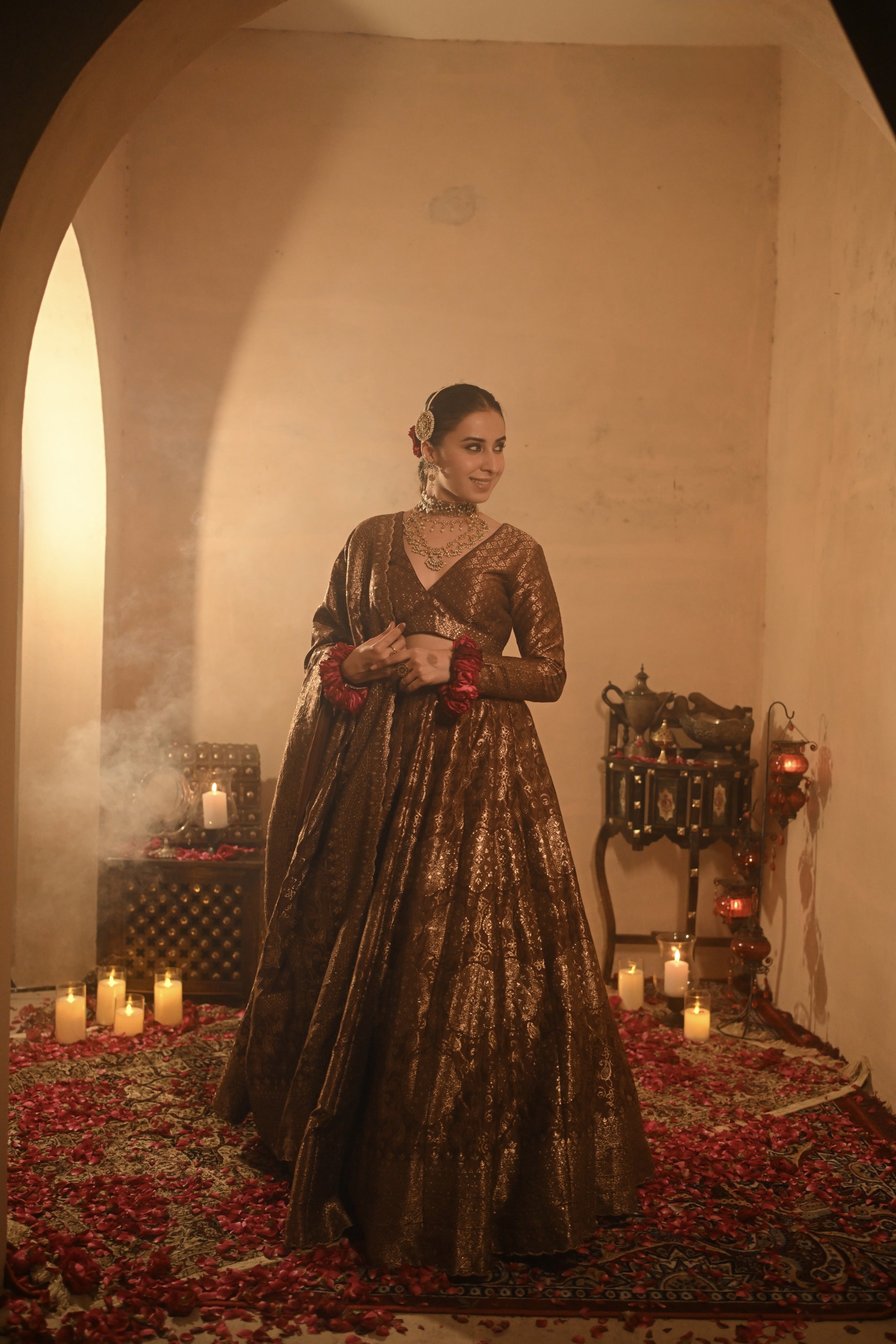 Sania Chadha in Sheesh Mahal Brown Lehenga