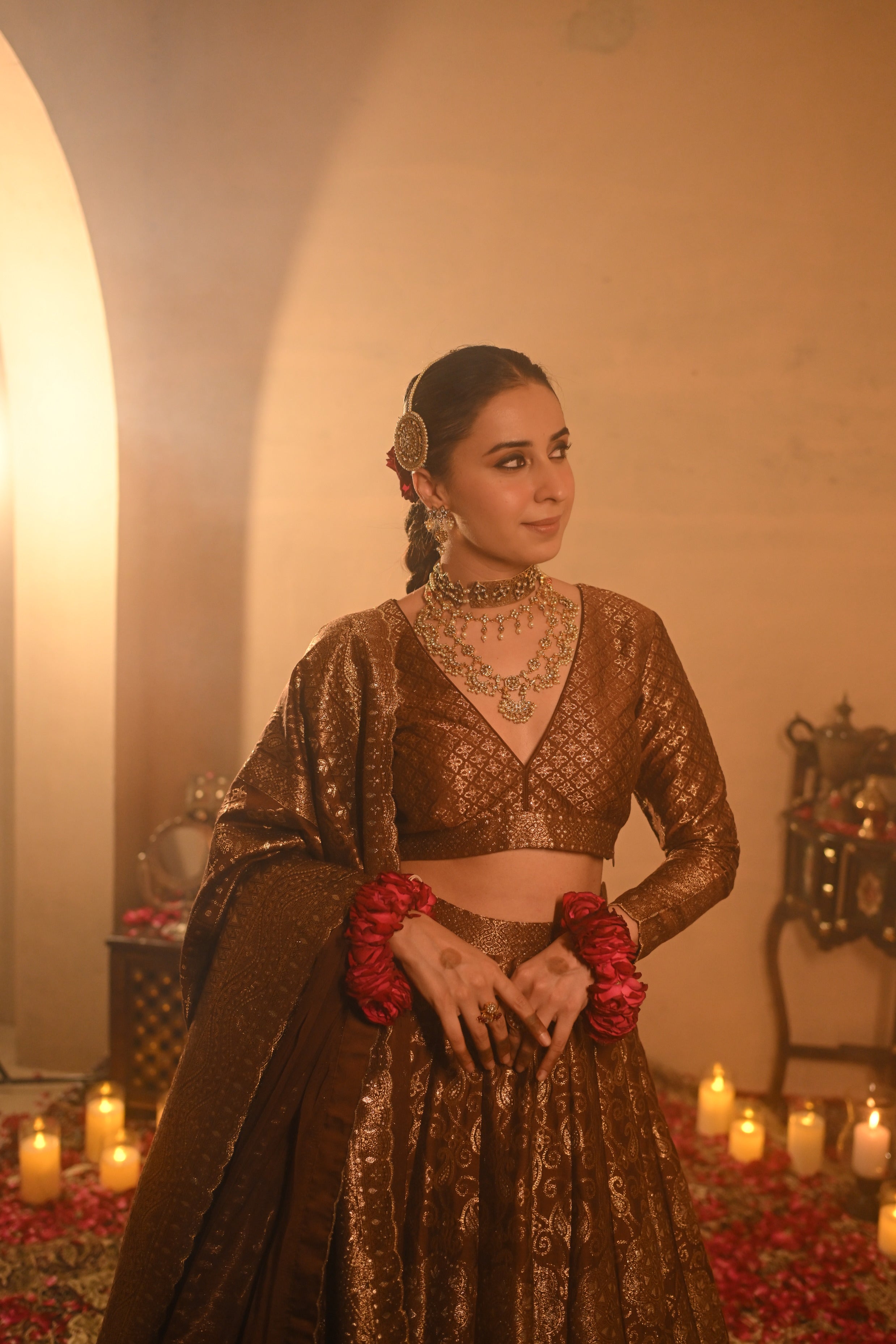 Sania Chadha in Sheesh Mahal Brown Lehenga