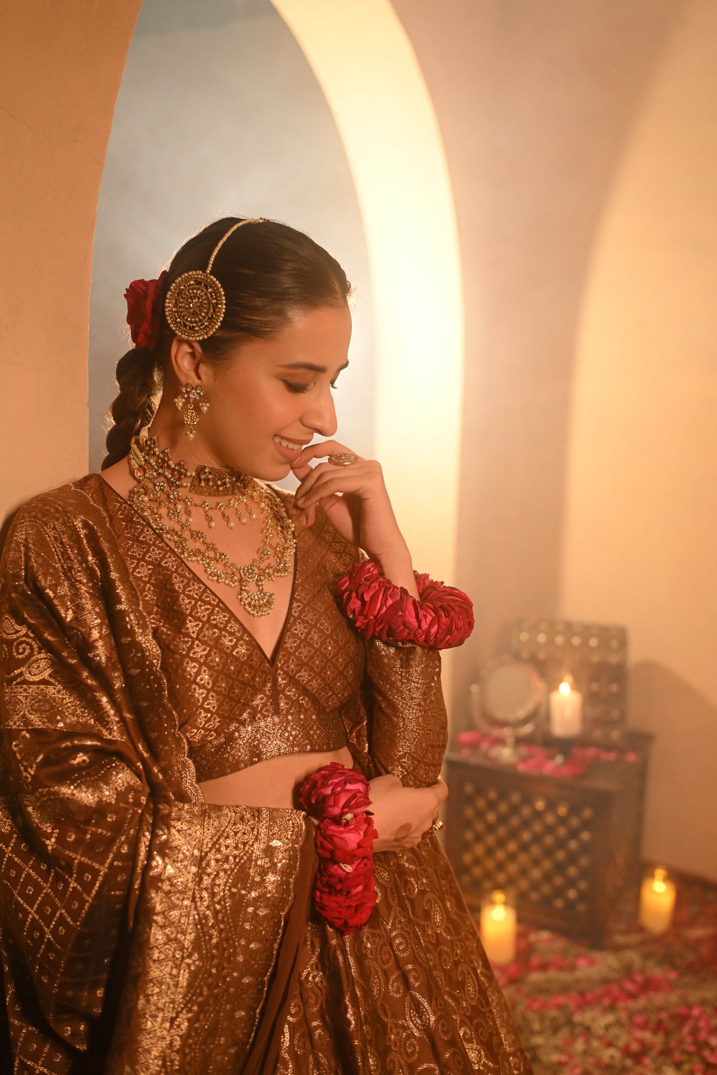 Sania Chadha in Sheesh Mahal Brown Lehenga