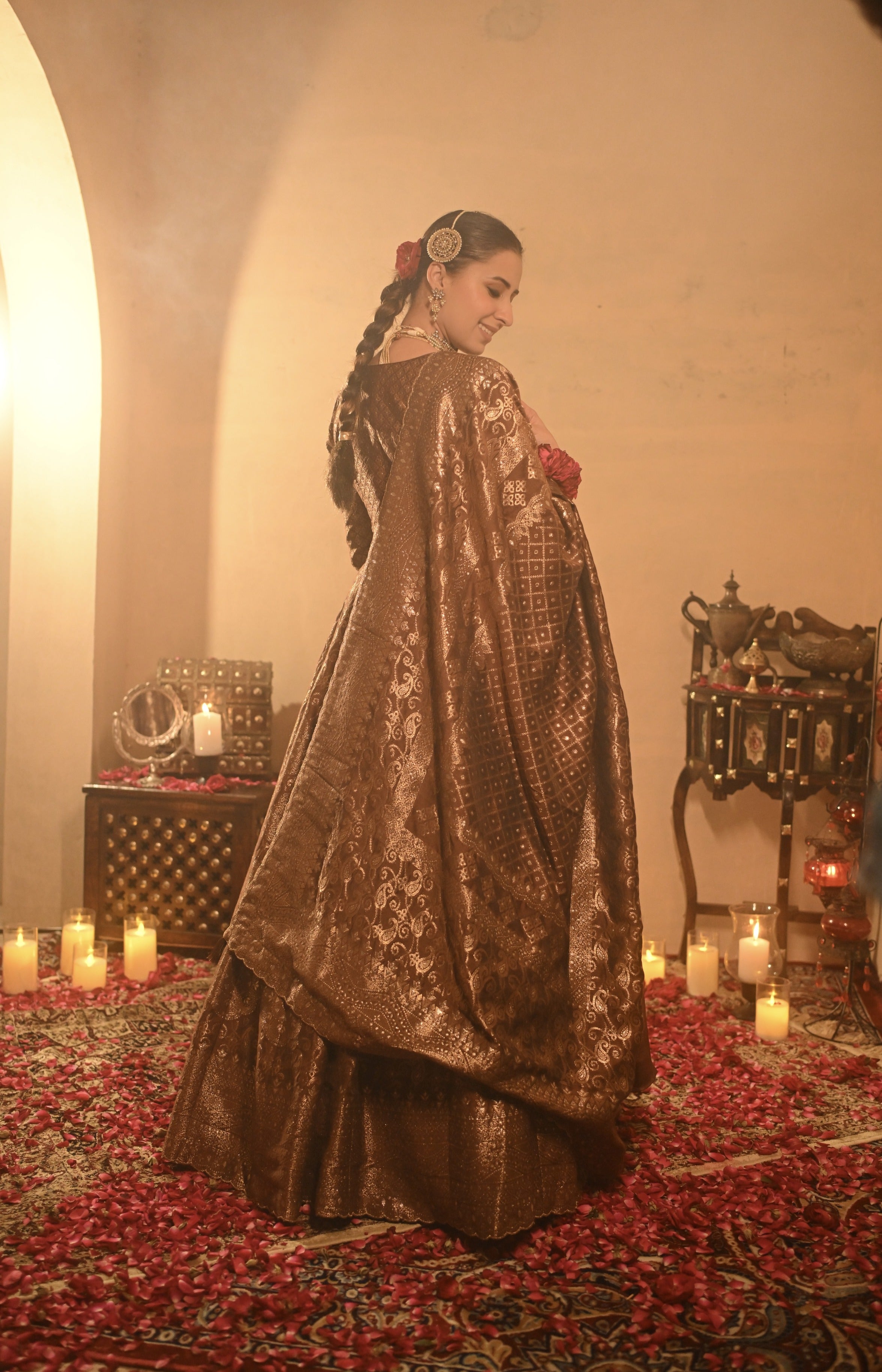 Sania Chadha in Sheesh Mahal Brown Lehenga
