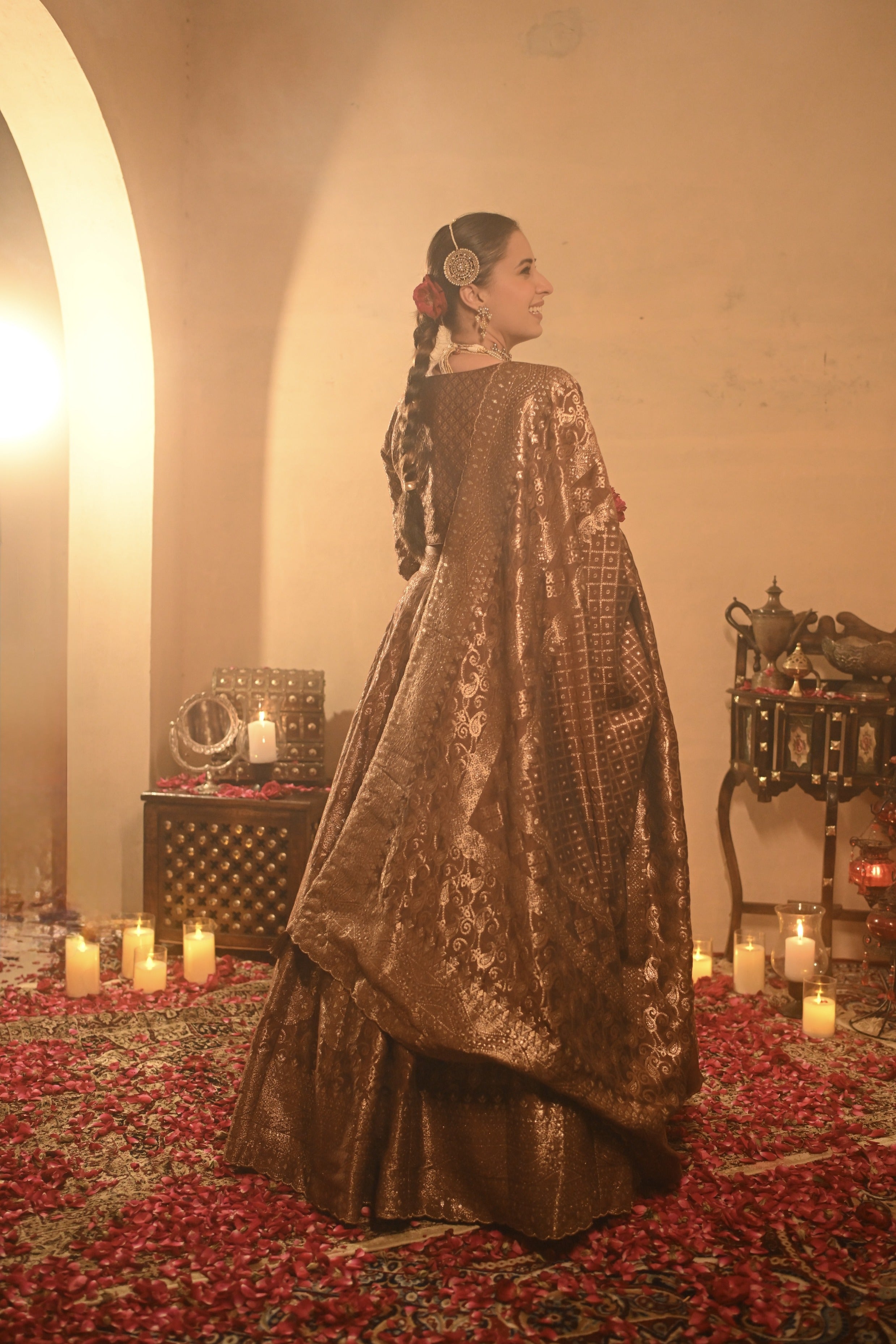 Sania Chadha in Sheesh Mahal Brown Lehenga