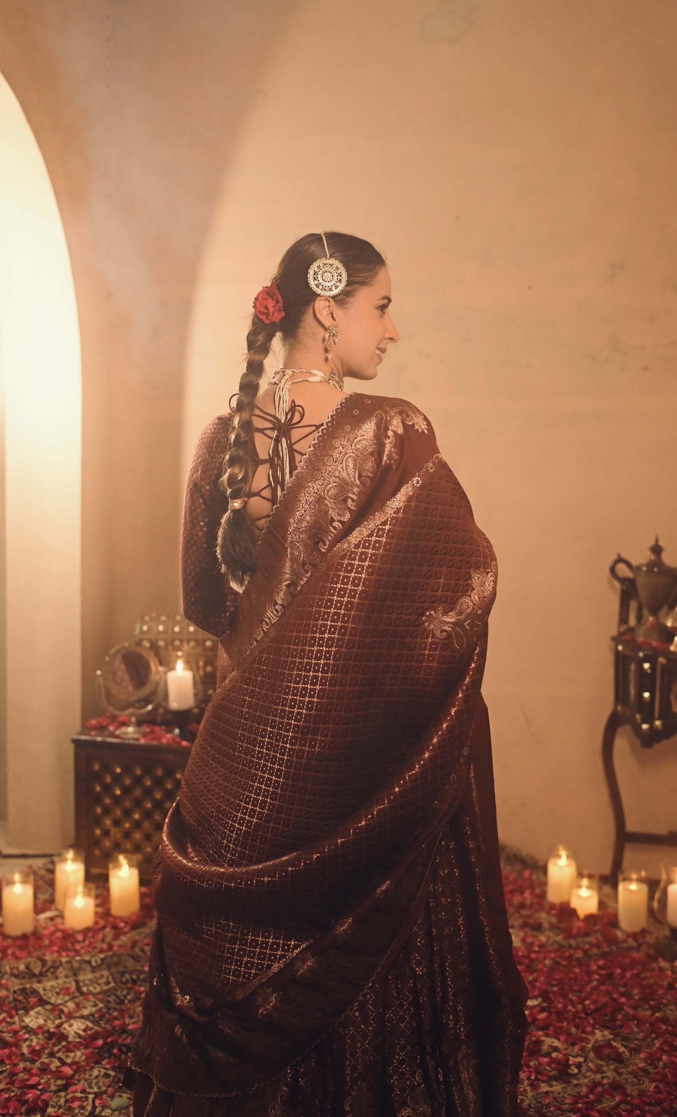 Sania Chadha in Falaknuma Deep Burgundy Lehenga