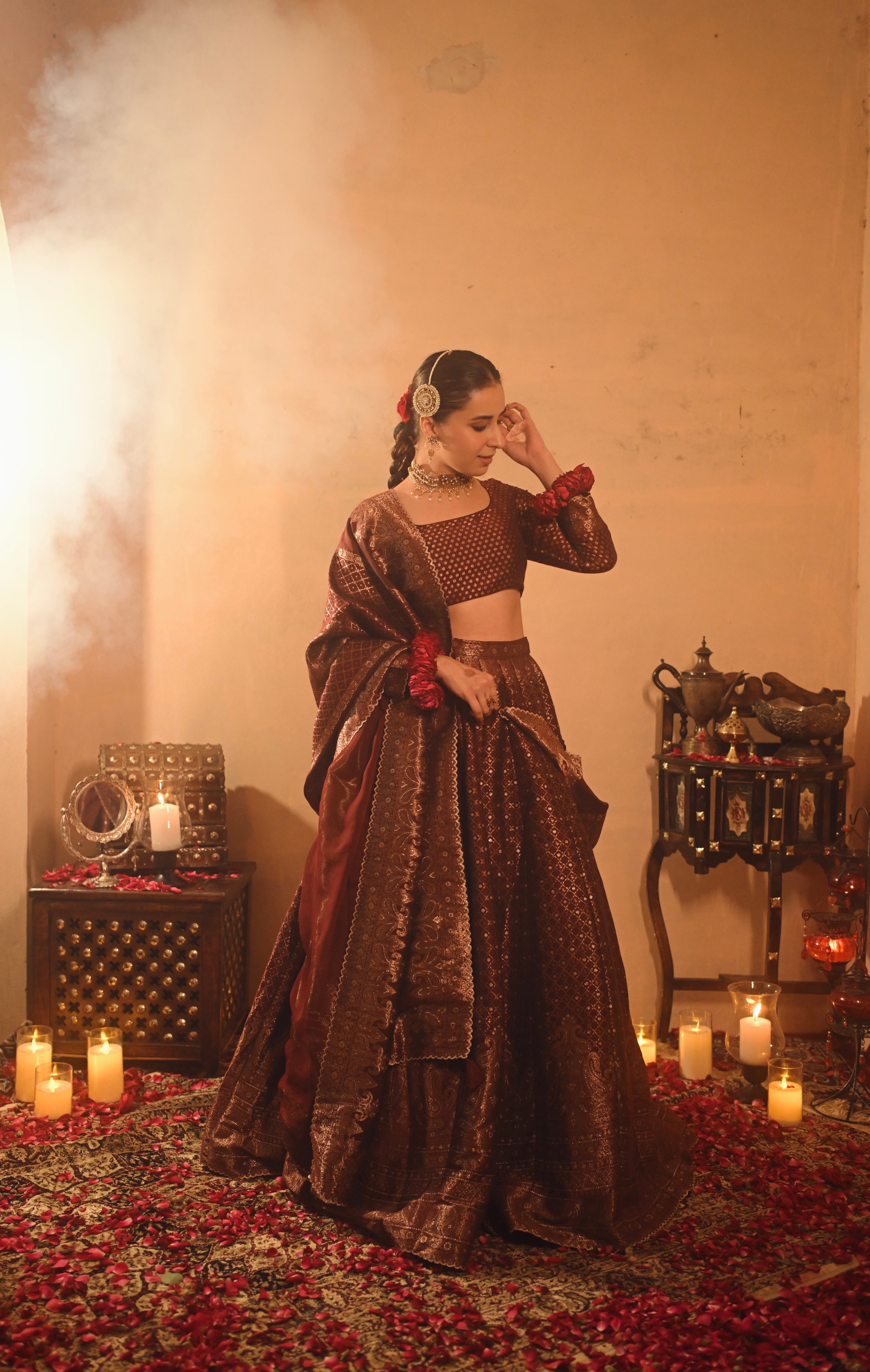 Sania Chadha in Falaknuma Deep Burgundy Lehenga