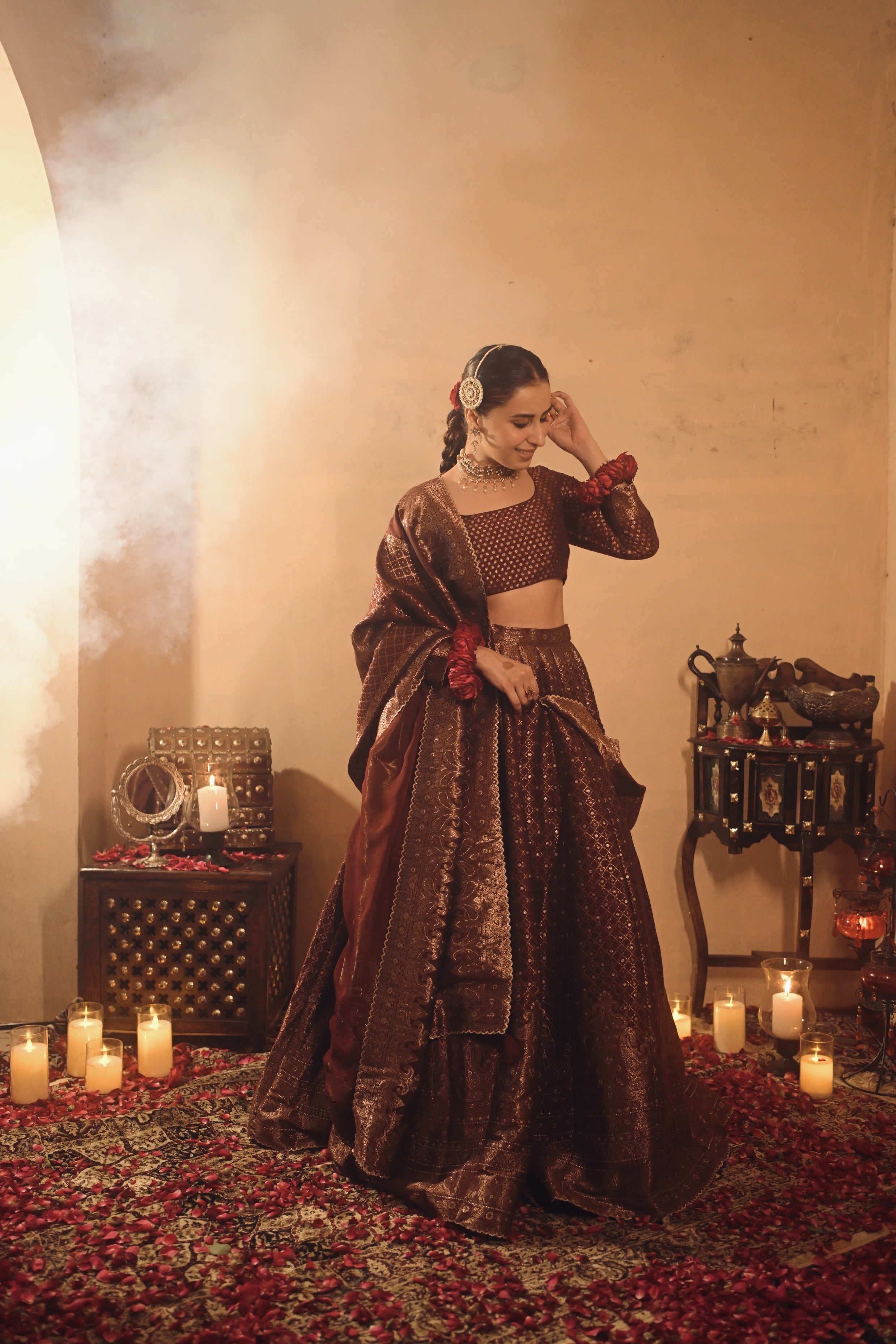 Sania Chadha in Falaknuma Deep Burgundy Lehenga