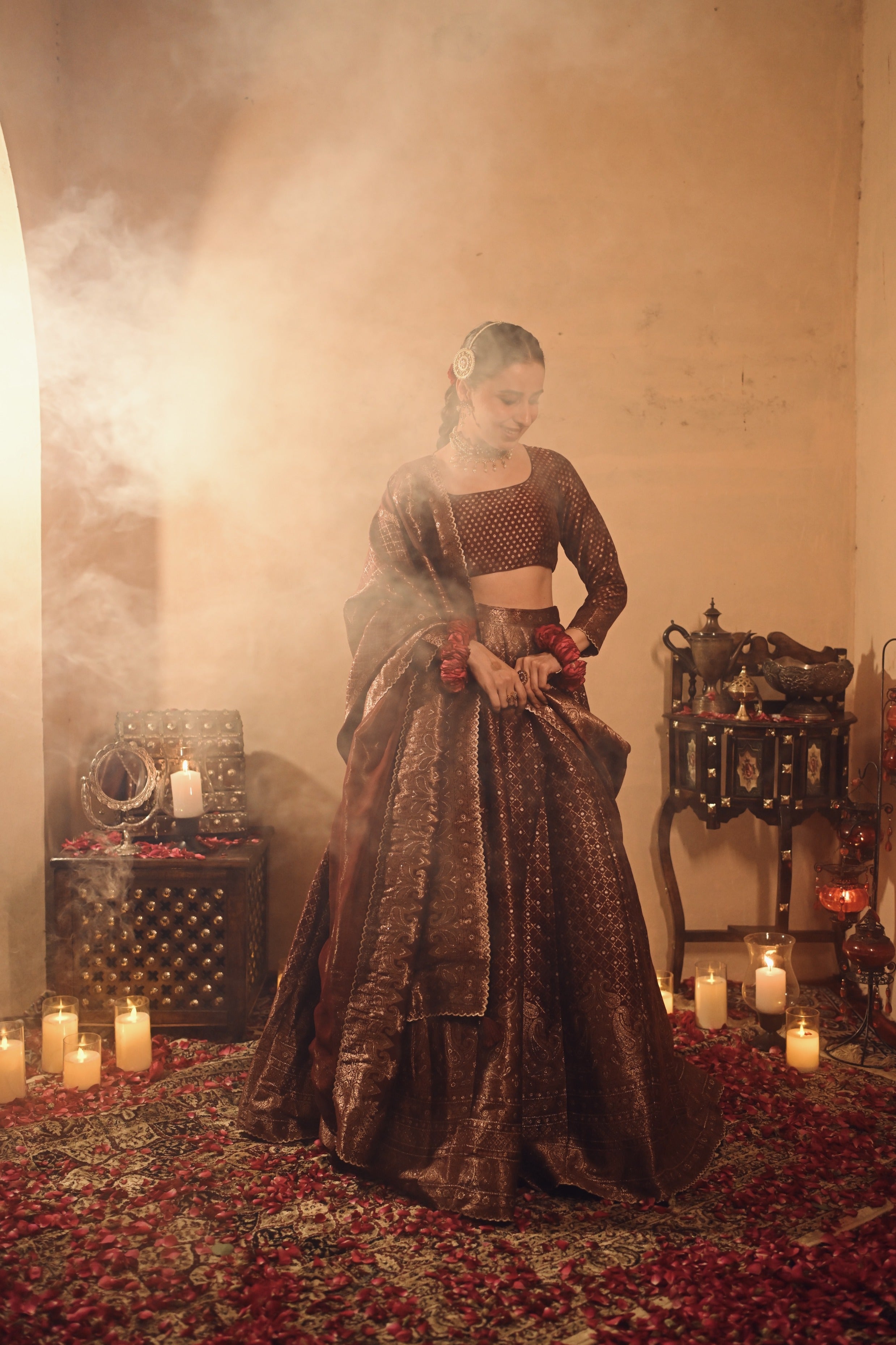 Sania Chadha in Falaknuma Deep Burgundy Lehenga