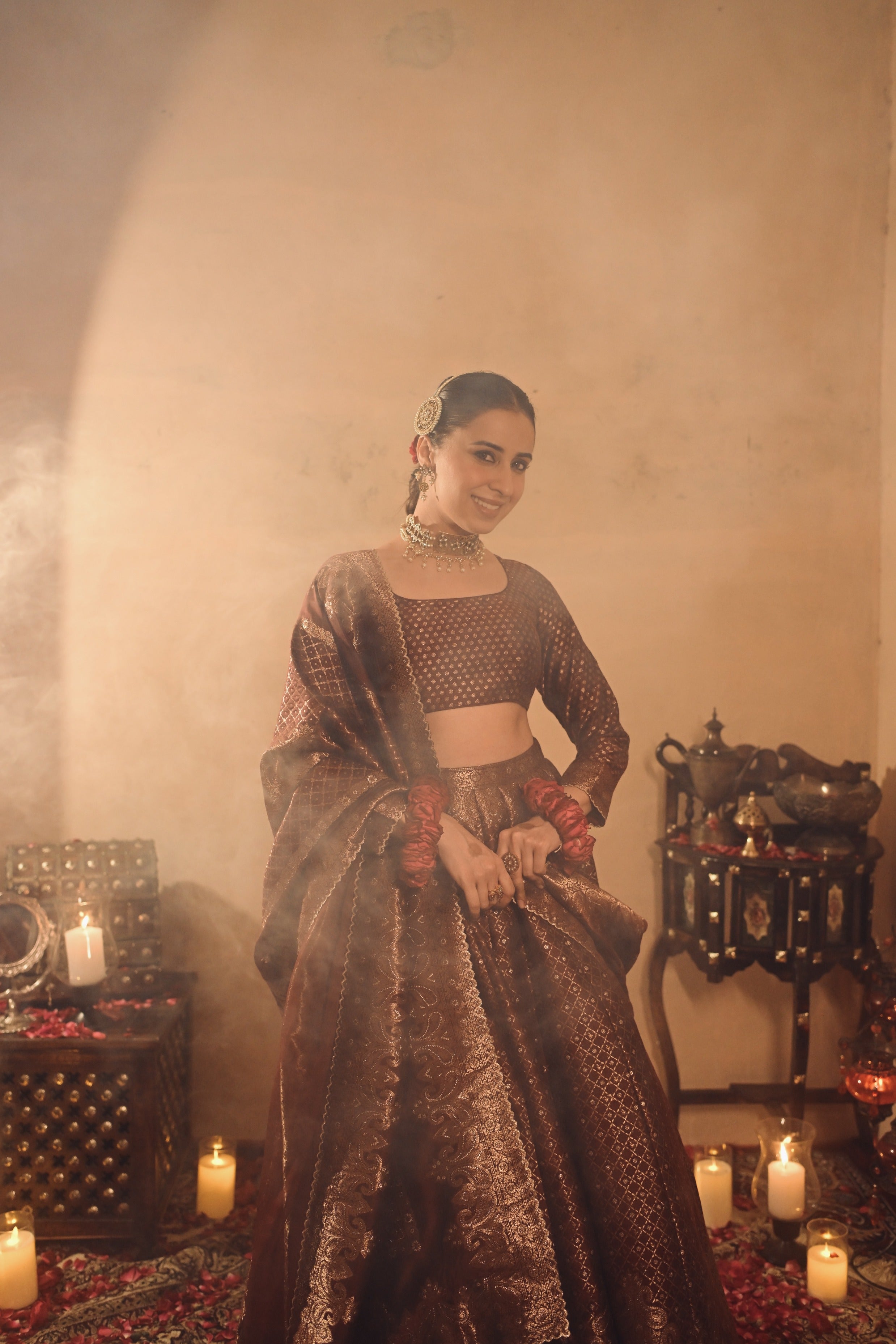 Sania Chadha in Falaknuma Deep Burgundy Lehenga
