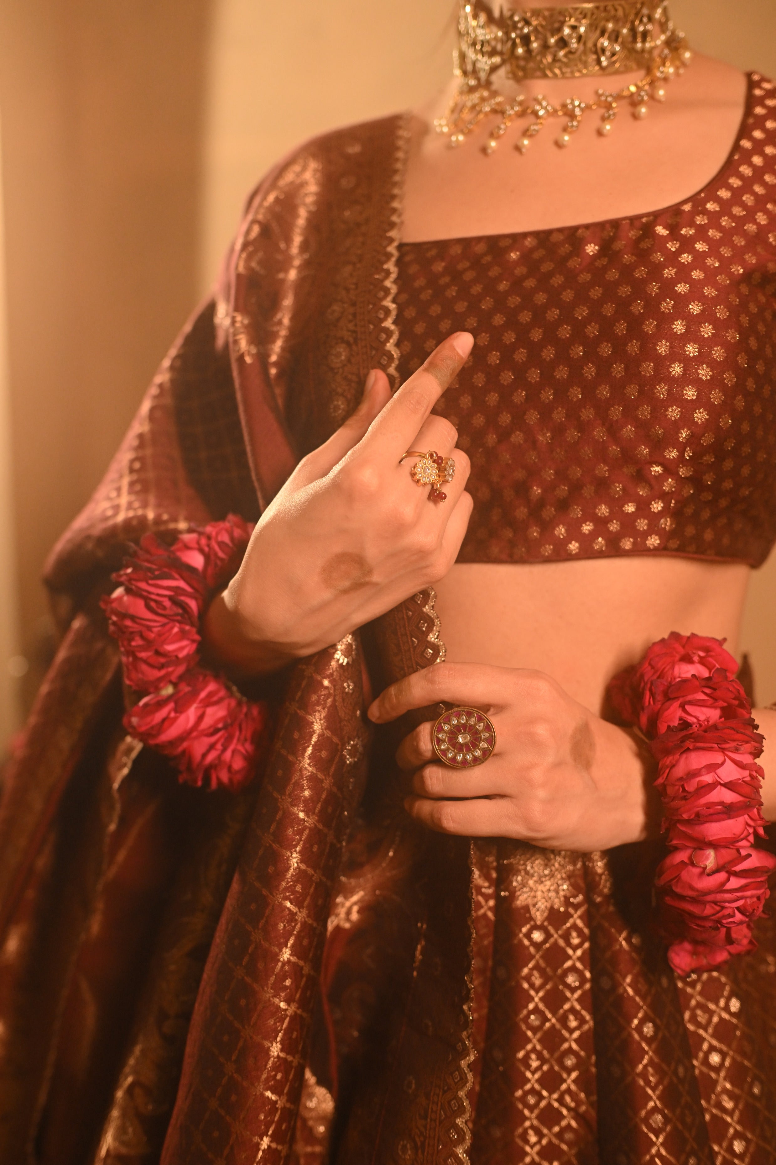 Sania Chadha in Falaknuma Deep Burgundy Lehenga