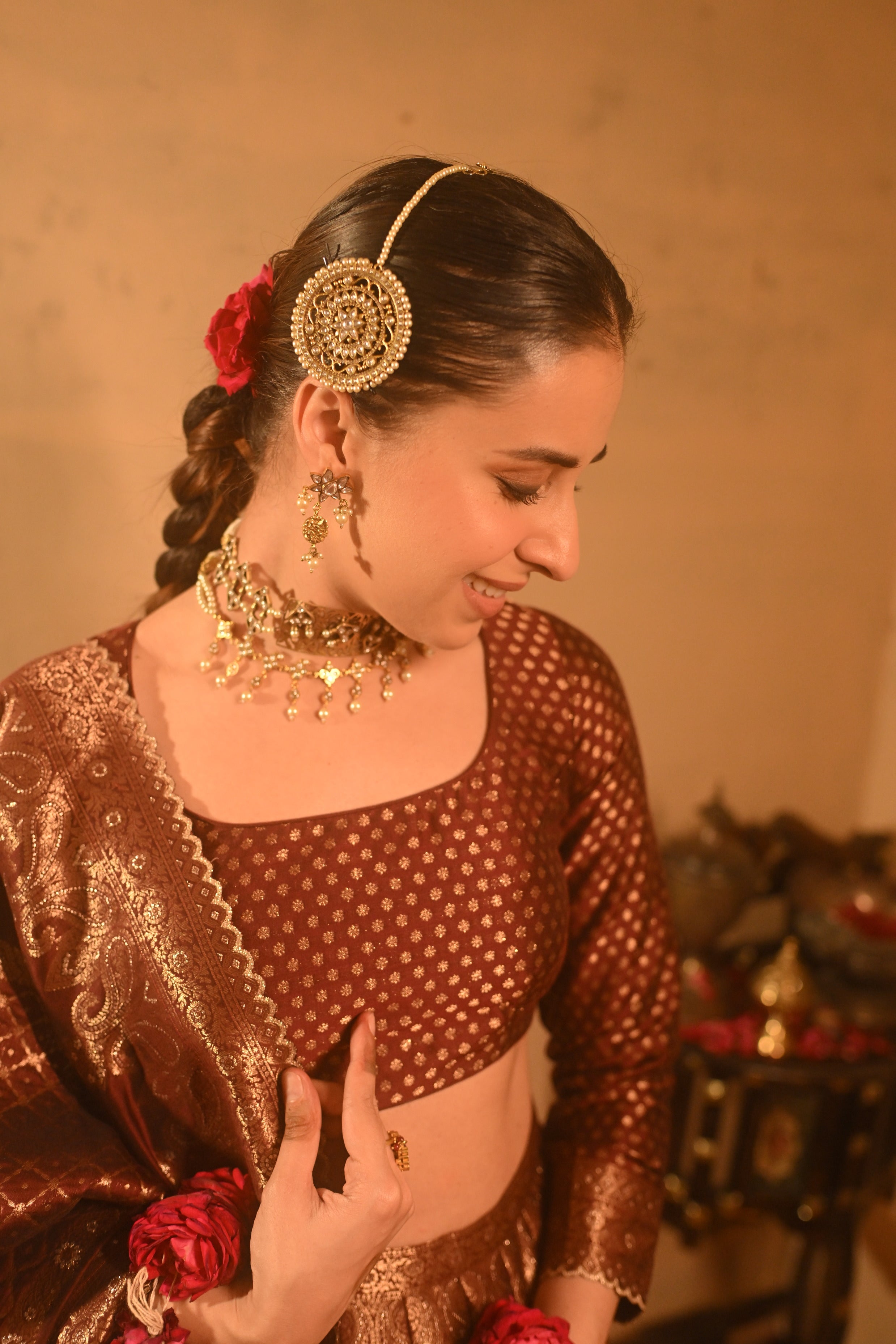 Sania Chadha in Falaknuma Deep Burgundy Lehenga