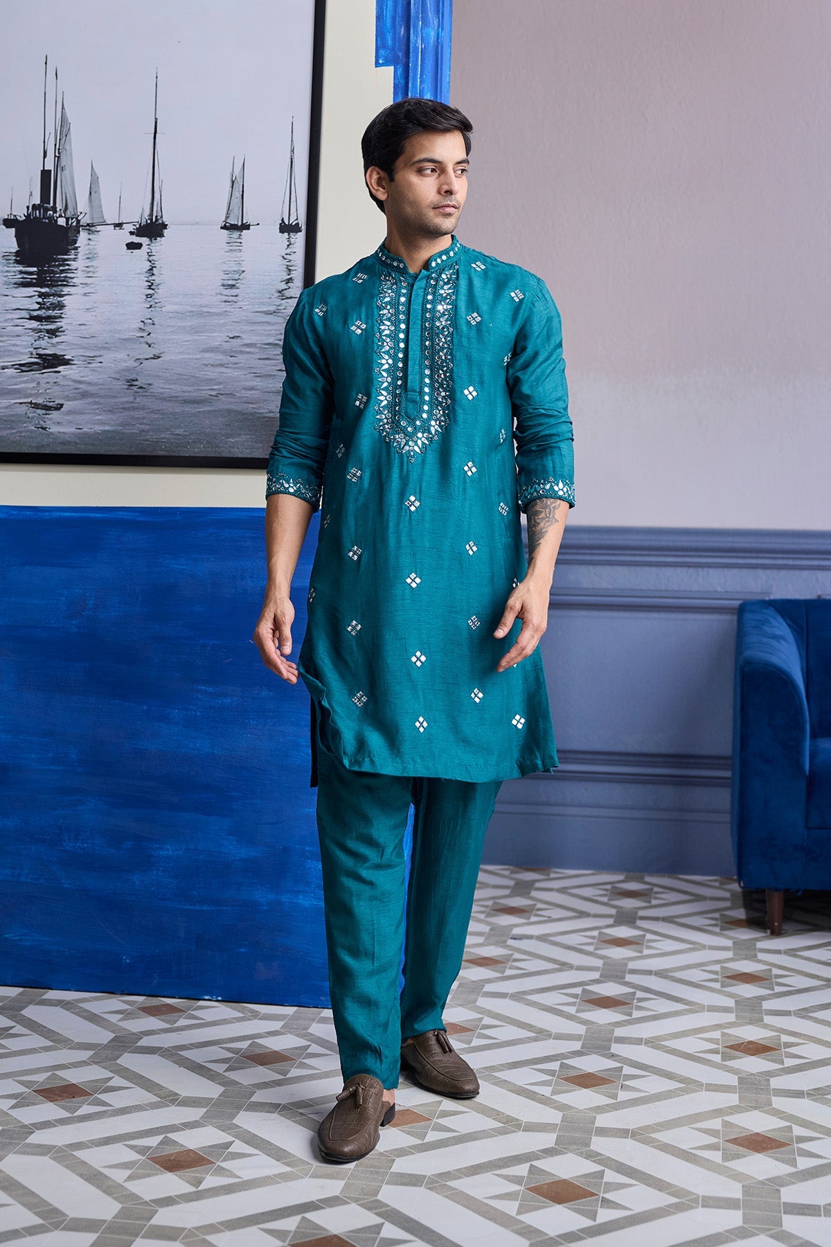TEAL GREEN EMBROIDERED KURTA WITH SOLID PANTS