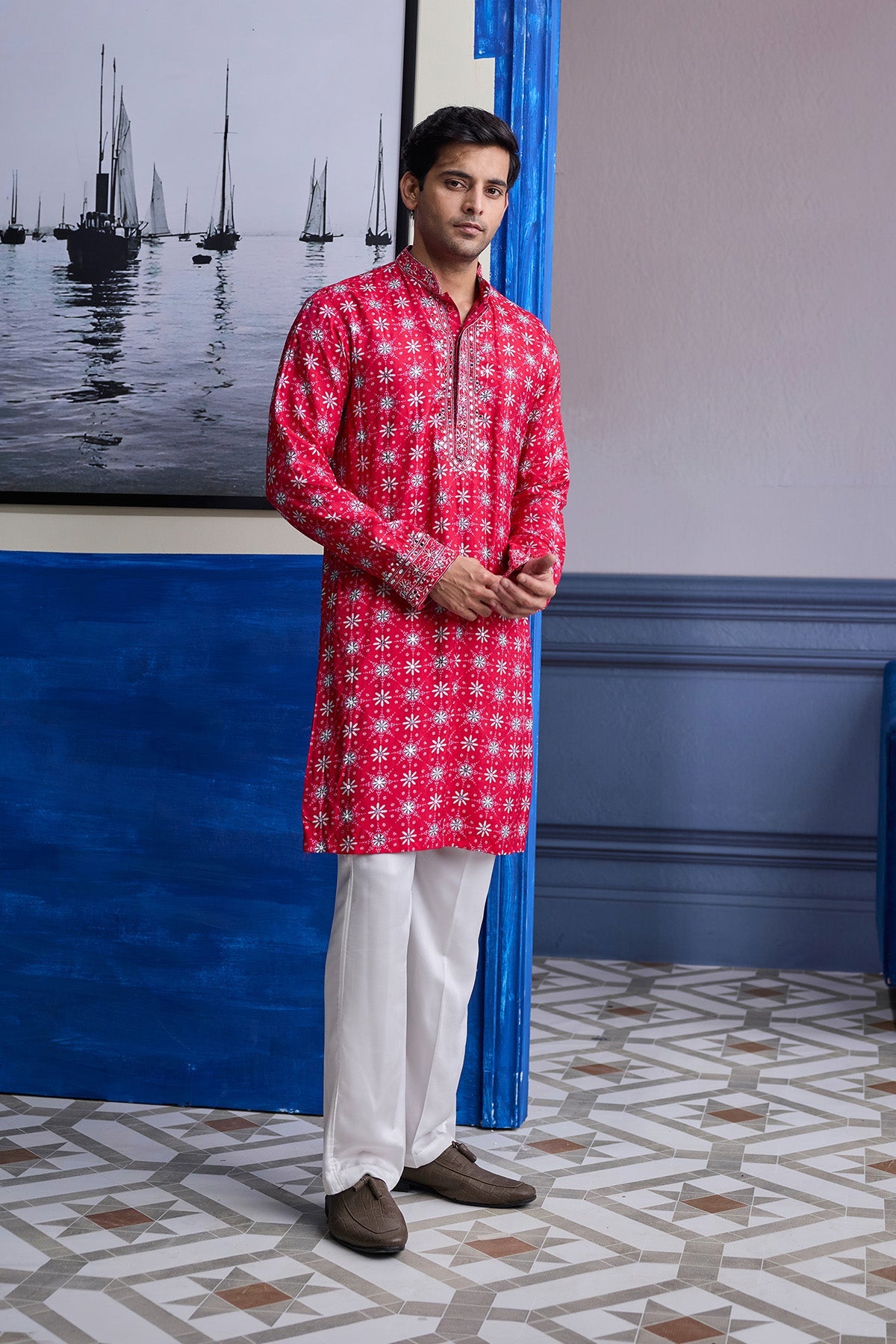 RED BUTTA PRINT HIGHLIGHTED KURTA WITH IVORY PANTS