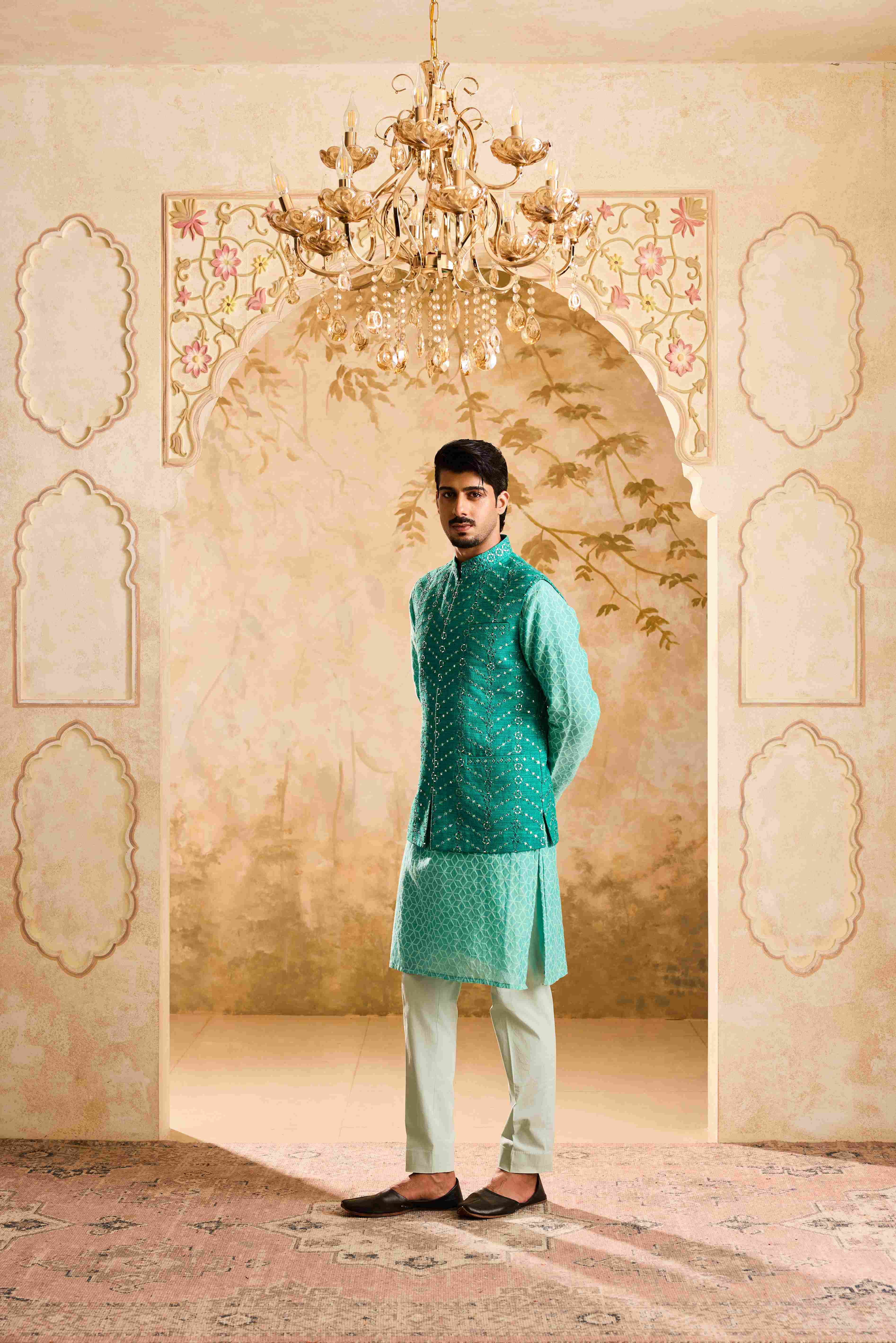 Teal mirrorwork Bundi jacket Kurta Trouser