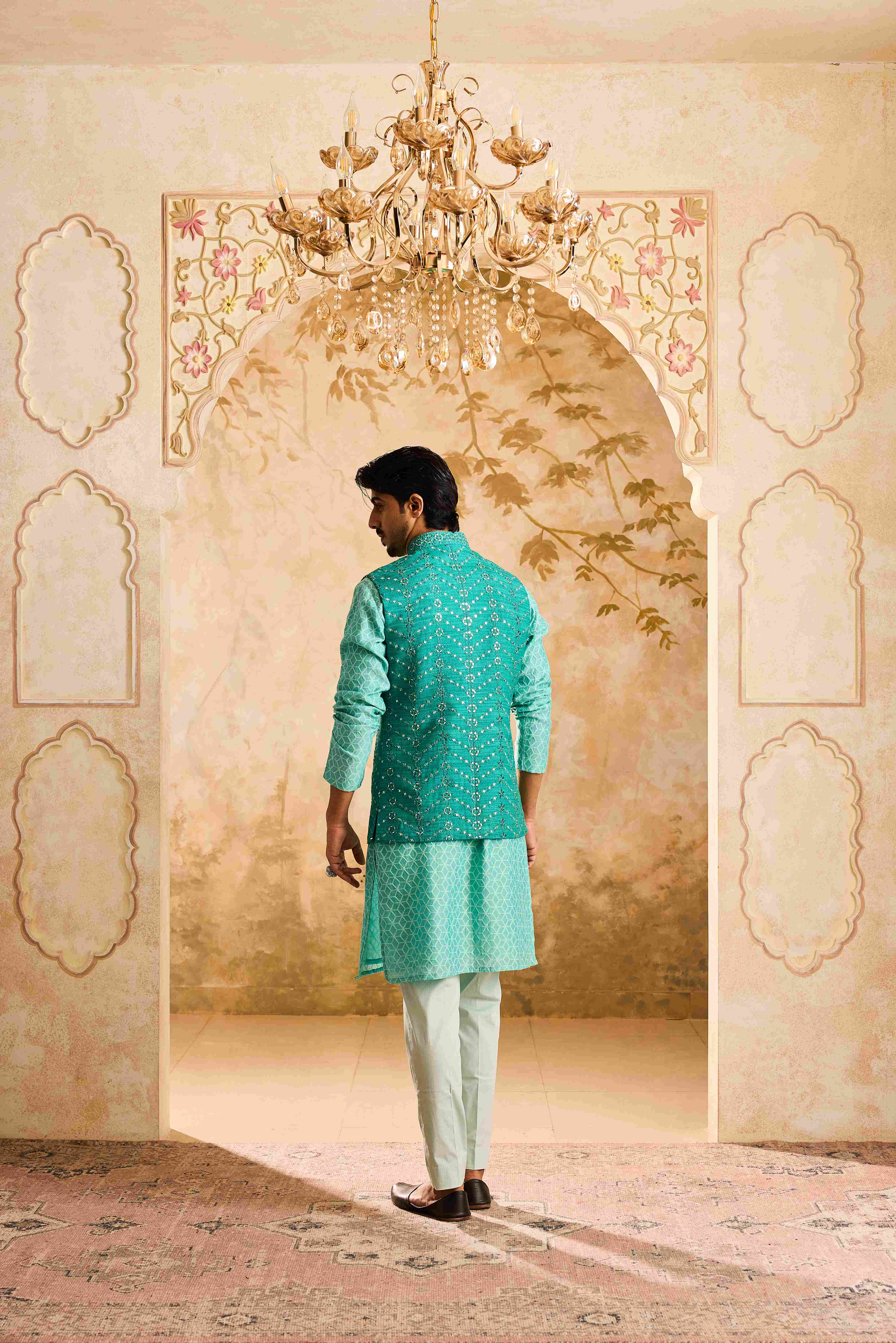 Teal mirrorwork Bundi jacket Kurta Trouser
