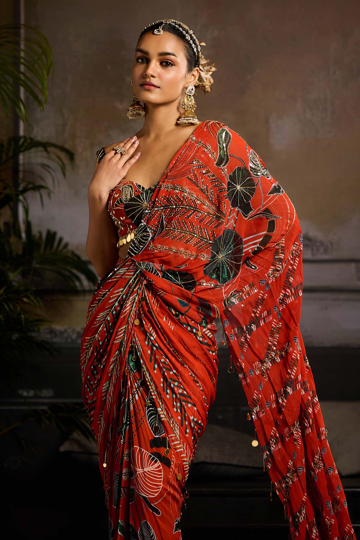 RUST PRINT AND HIGHLIGHTED DRAPED SAREE SET