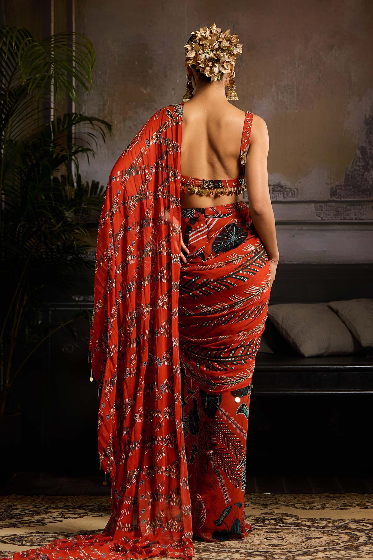 RUST PRINT AND HIGHLIGHTED DRAPED SAREE SET