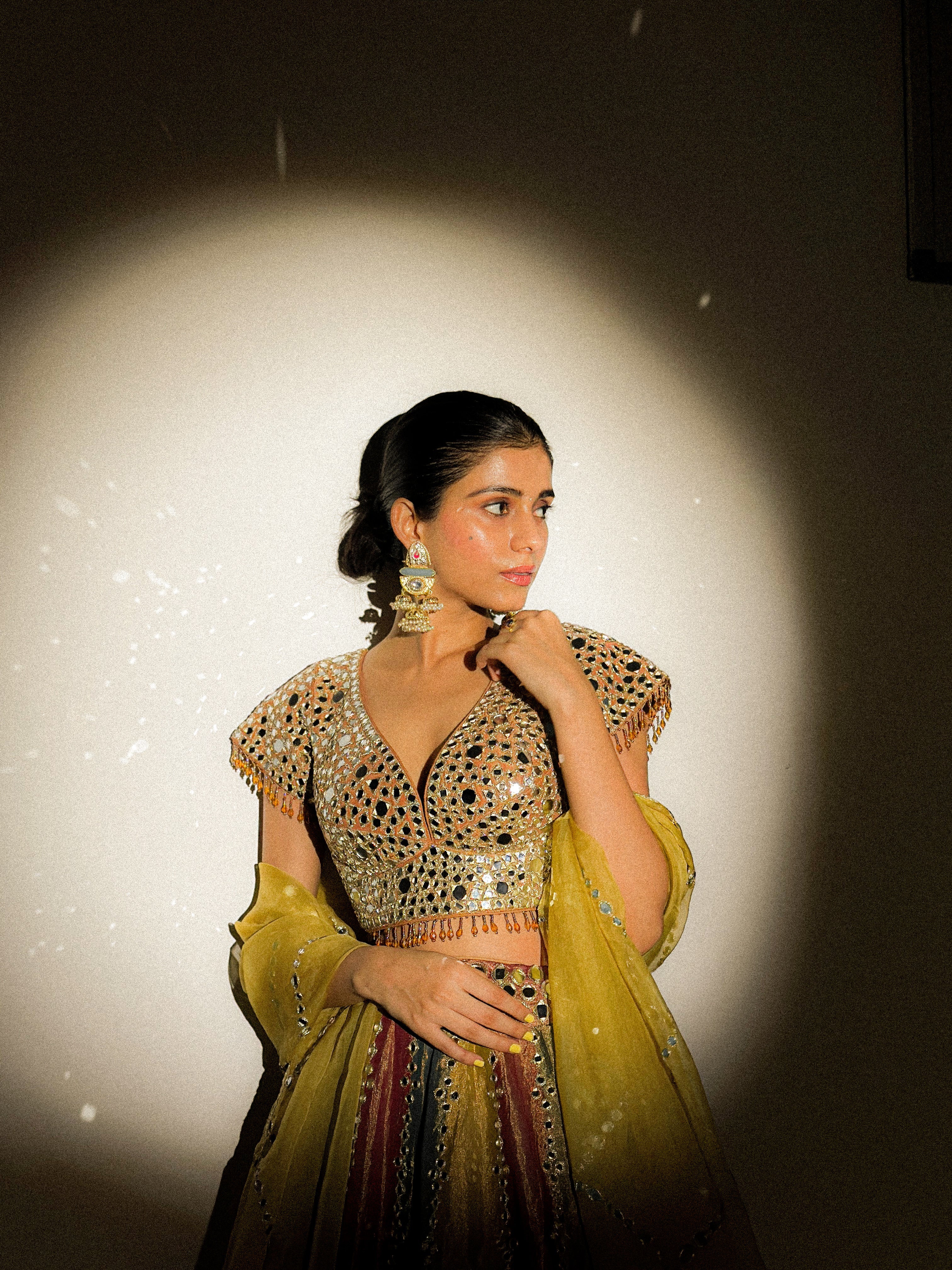 Tri-Color Kalidar Mirror Work Tissue Lehenga Set